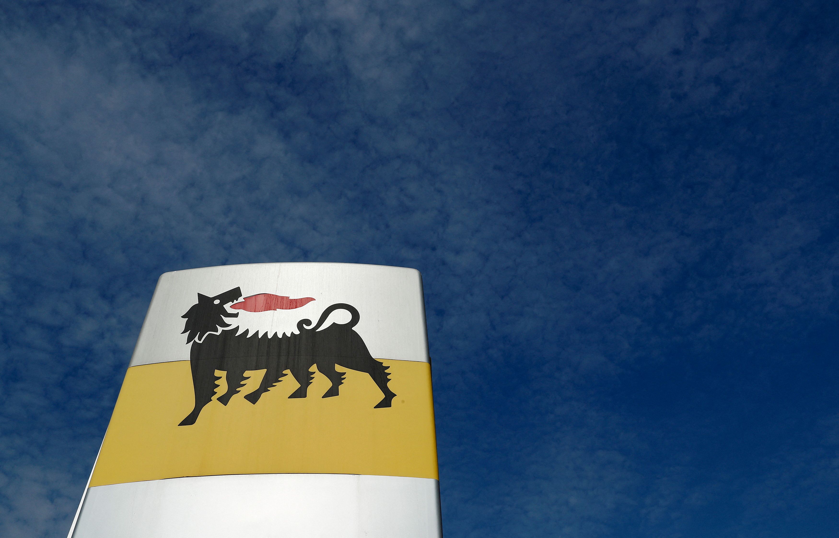 The logo of Italian energy company Eni is seen at a gas station in Rome