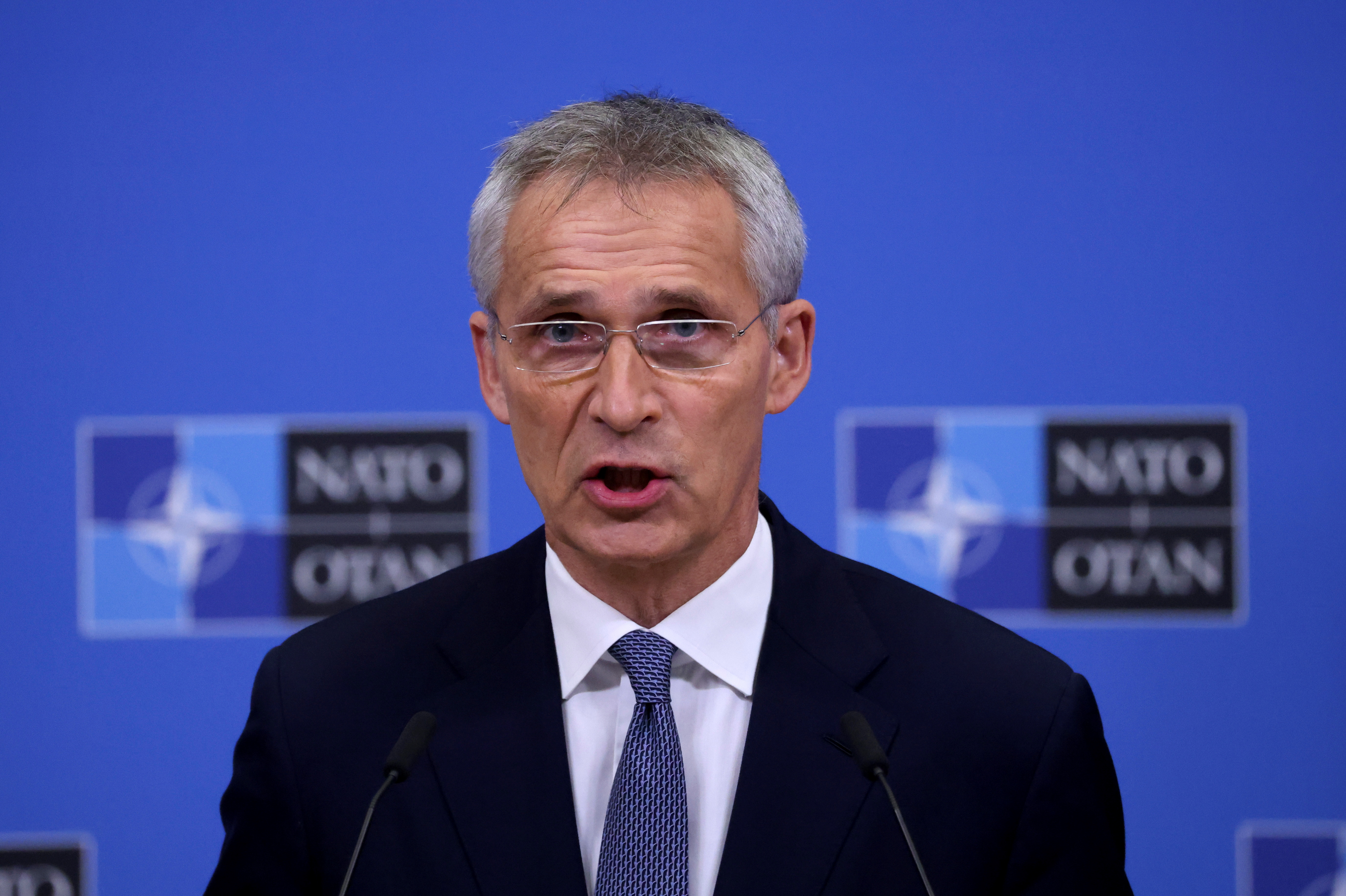 NATO Secretary General Jens Stoltenberg speaks during a news conference ahead of a meeting of NATO defence ministers at the alliance's headquarters in Brussels, Belgium October 20, 2021. REUTERS/Yves Herman