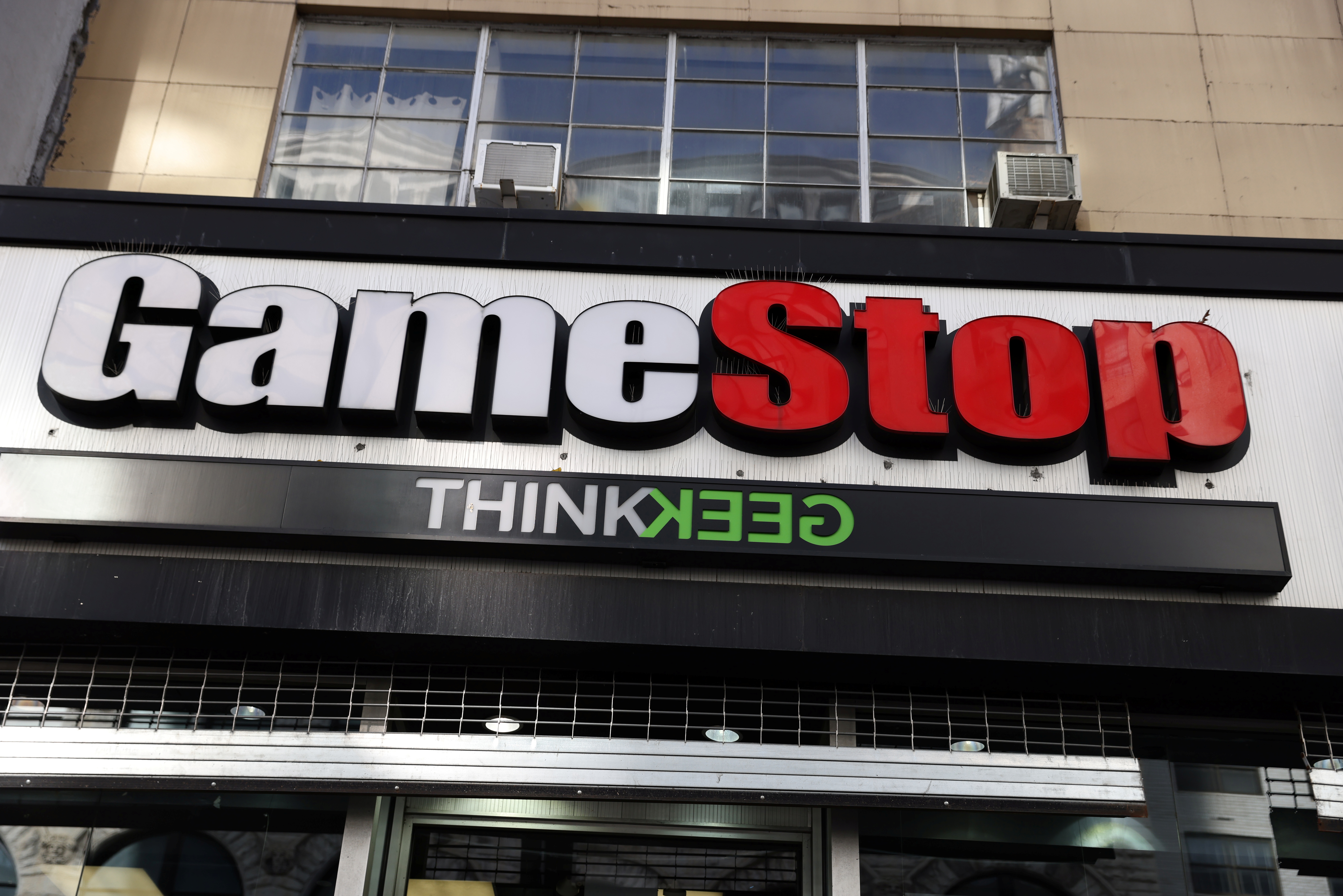 Signage is seen at a GameStop in Manhattan, New York