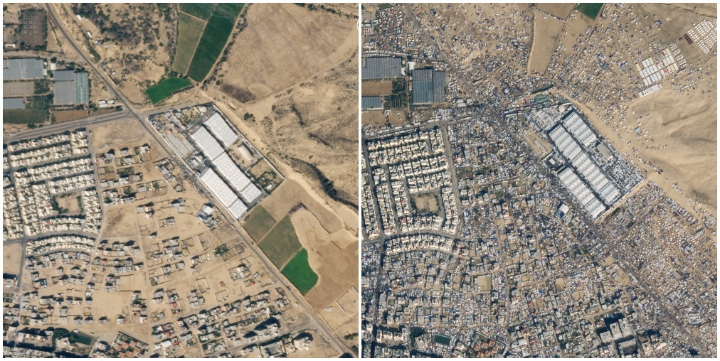 A combination photo shows satellite images of the streets of Rafah before and after migration