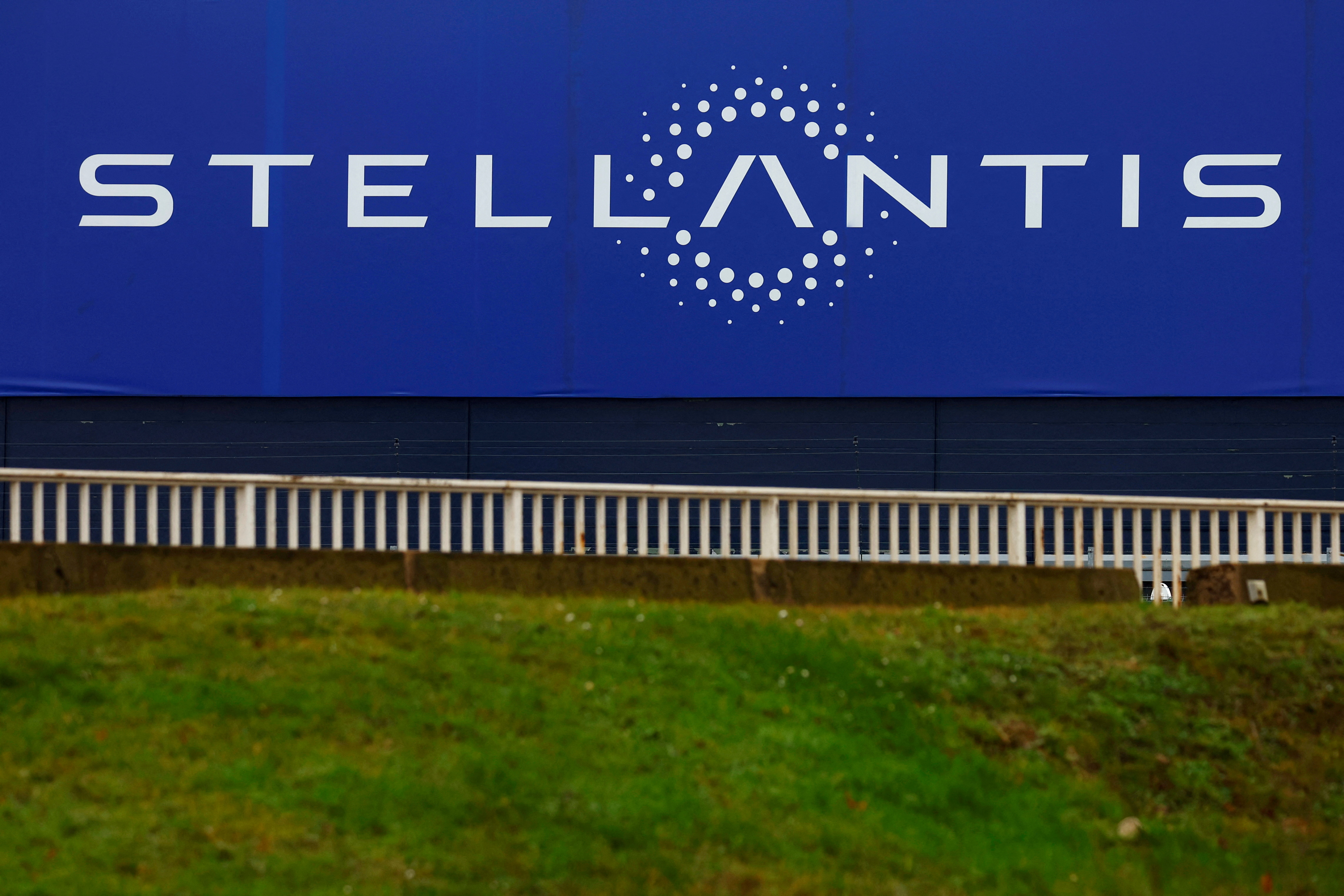 Stellantis logo on a company's building in Velizy-Villacoublay near Paris
