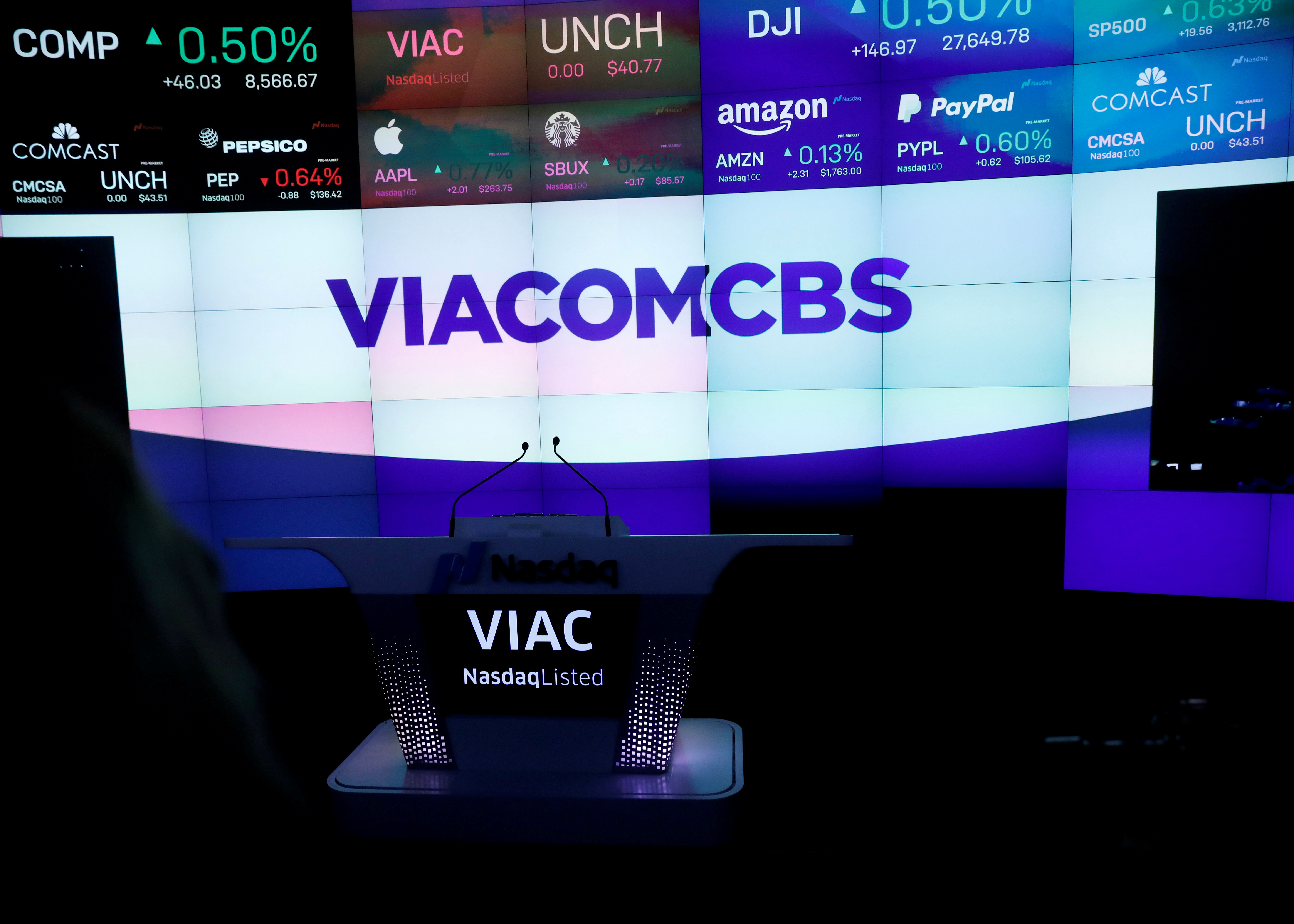 The ViacomCBS logo is displayed at the Nasdaq MarketSite to celebrate the company's merger, in New York