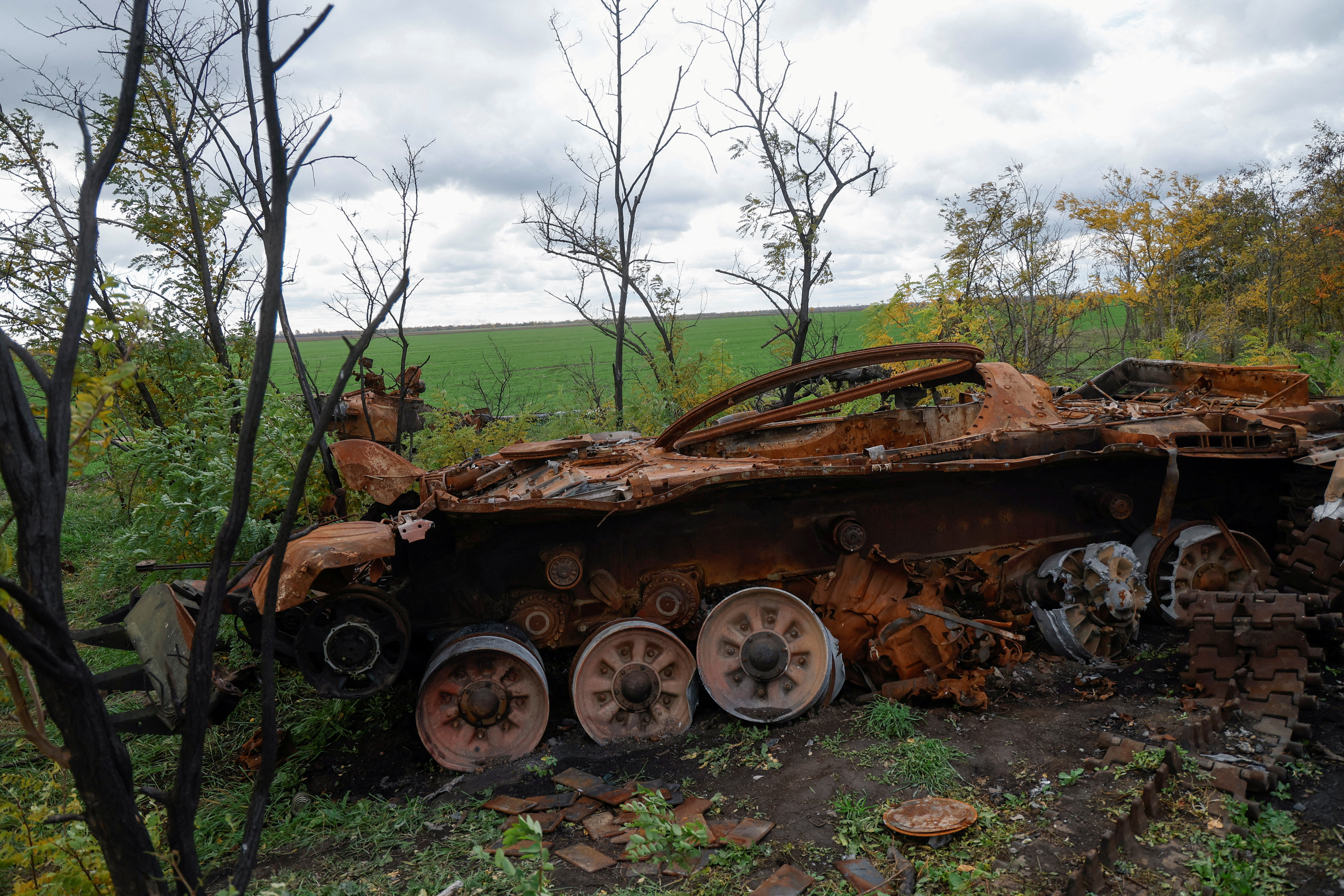 Destroyed Russian T-72 tank is seen near a frontline in Mykolaiv region