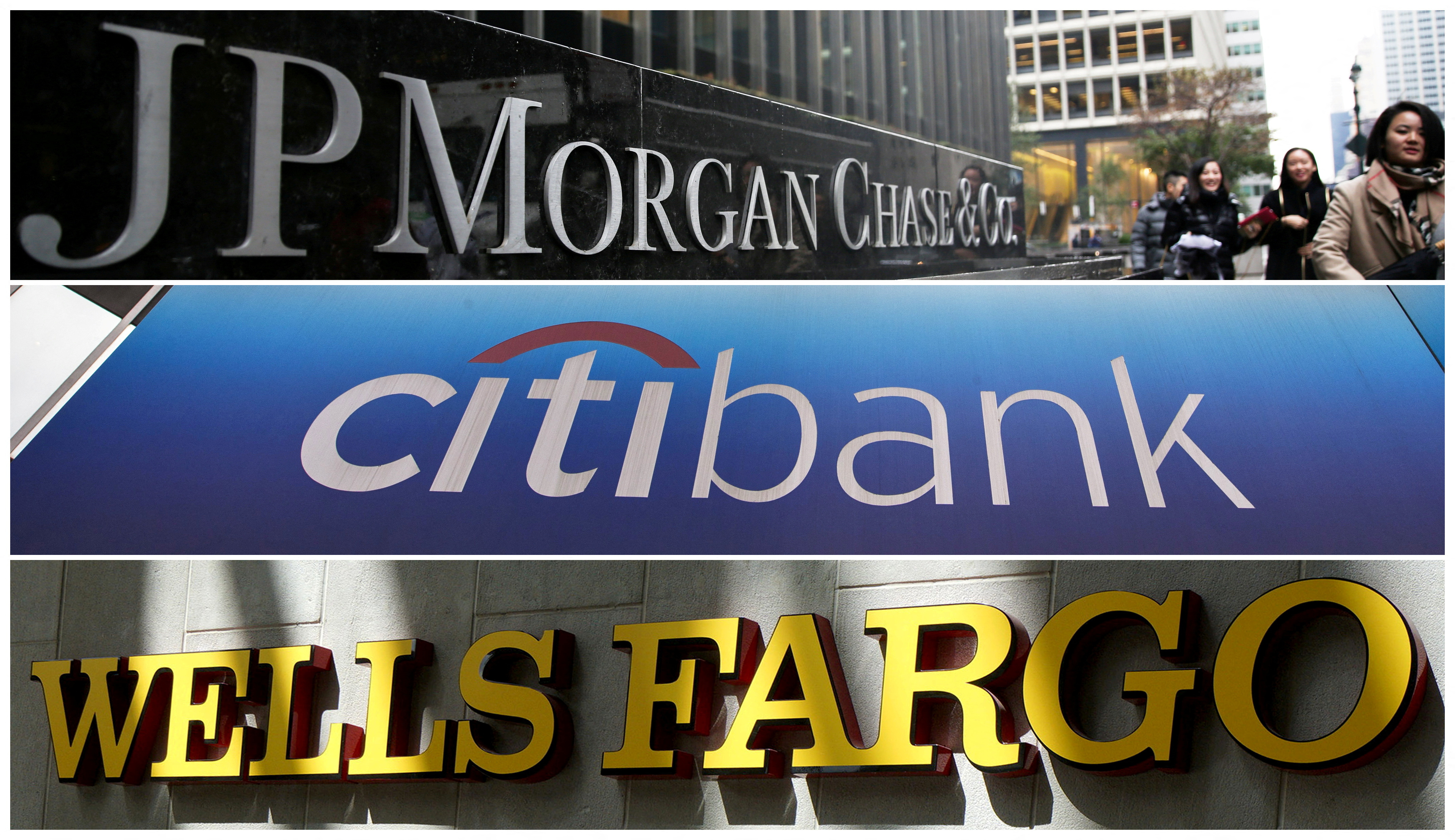 A combination photo of signs of JP Morgan Chase Bank, Citibank and Wells Fargo & Co. bank