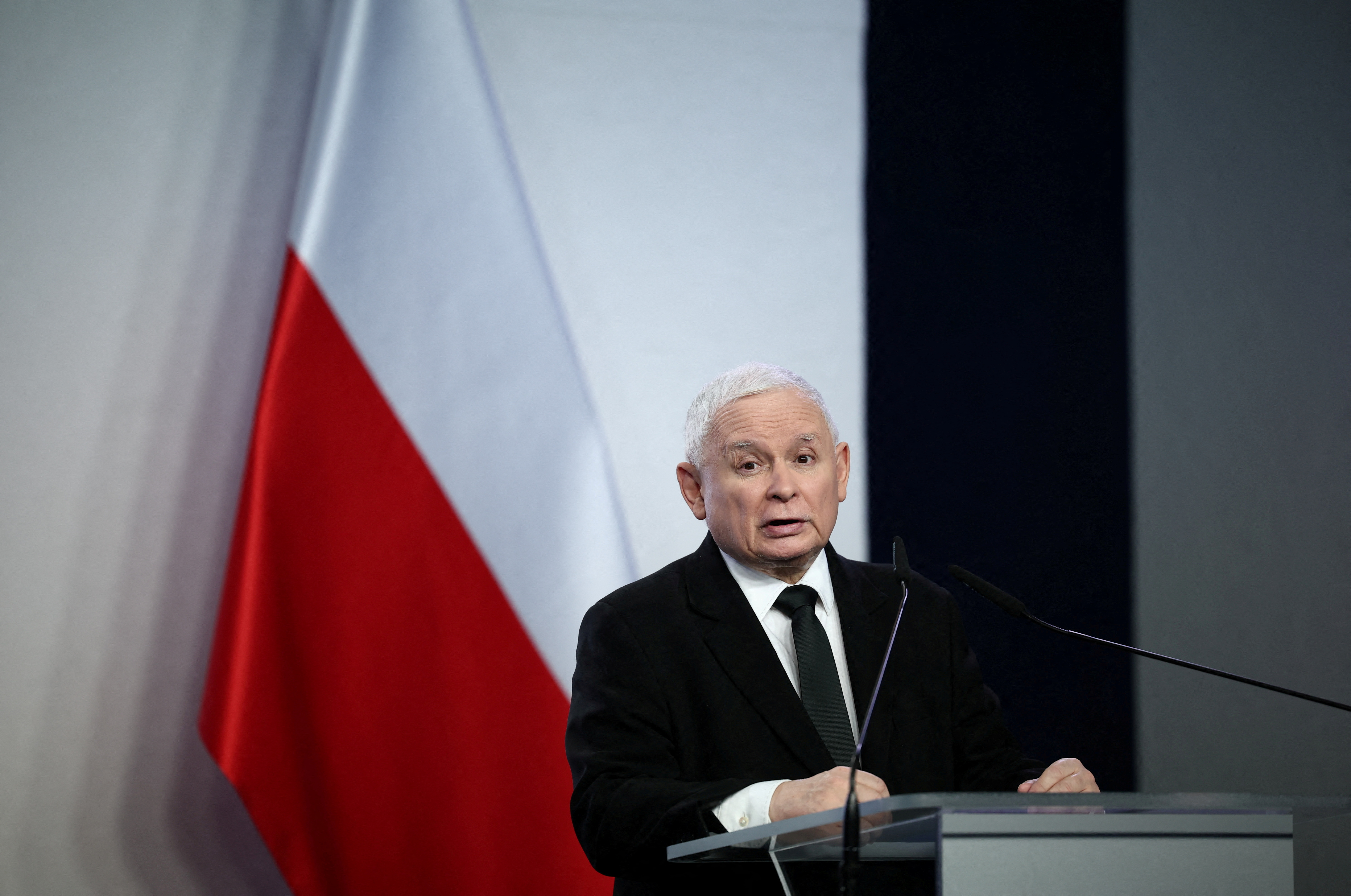 Poland's Law and Justice (PiS) party leader Jaroslaw Kaczynski holds a press conference at the party's headquarters in Warsaw