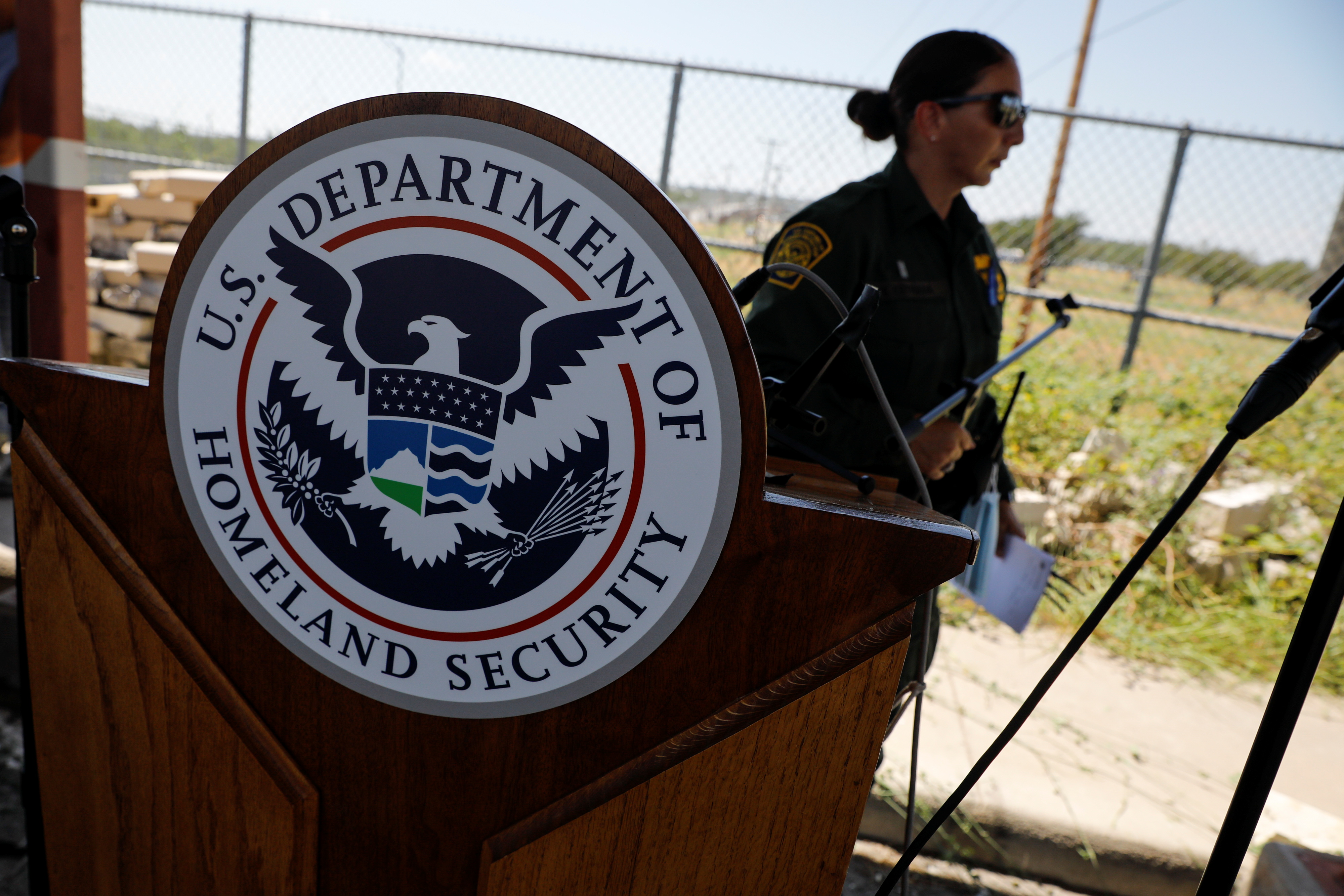 The seal of the U.S. Department of Homeland Security is seen after a news conference near the International Bridge between Mexico and the U.S., as U.S. authorities accelerate removal of migrants at border with Mexico, in Del Rio