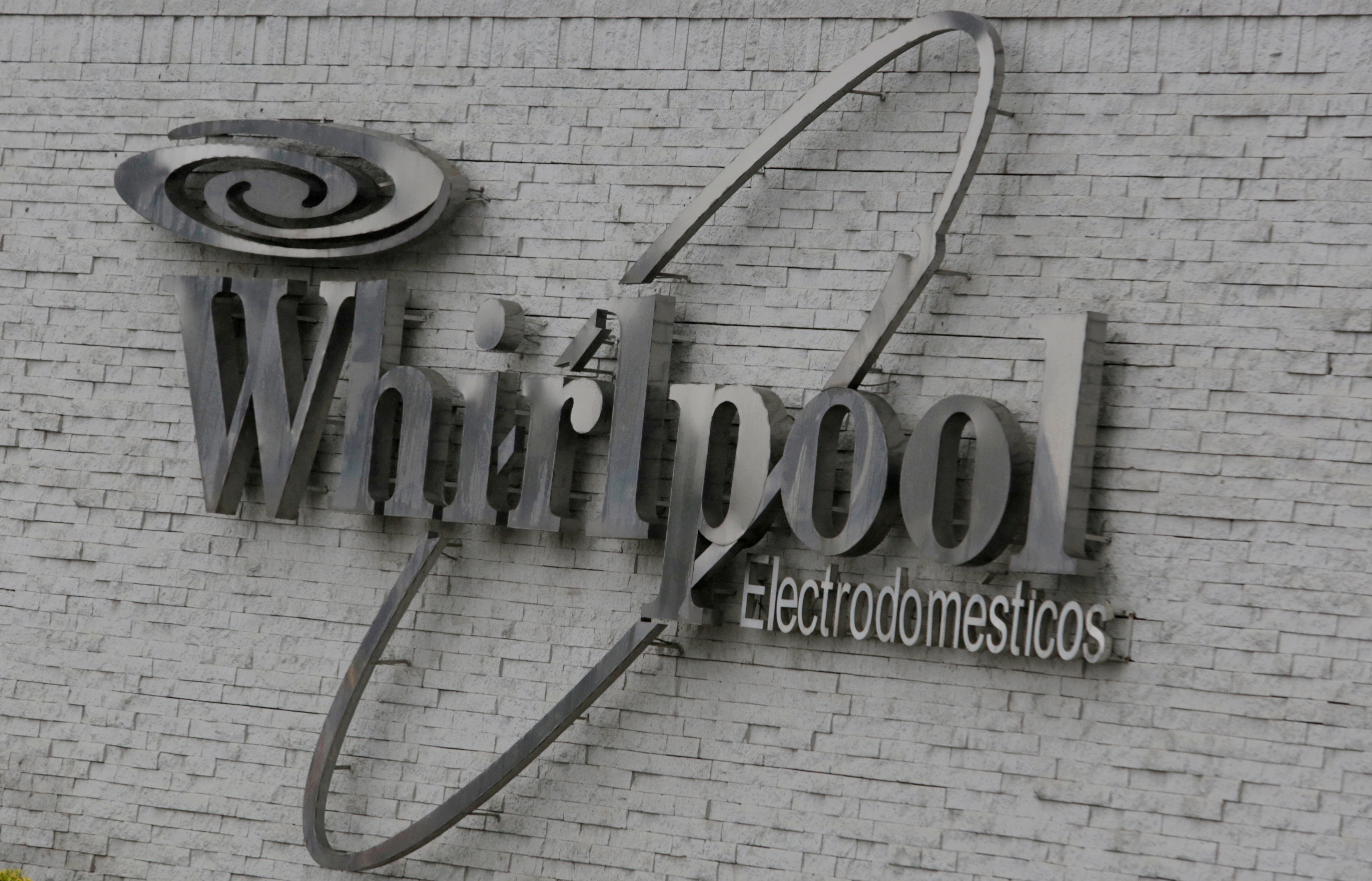The Whirlpool logo is seen at their plant in Apodaca, Monterrey, Mexico