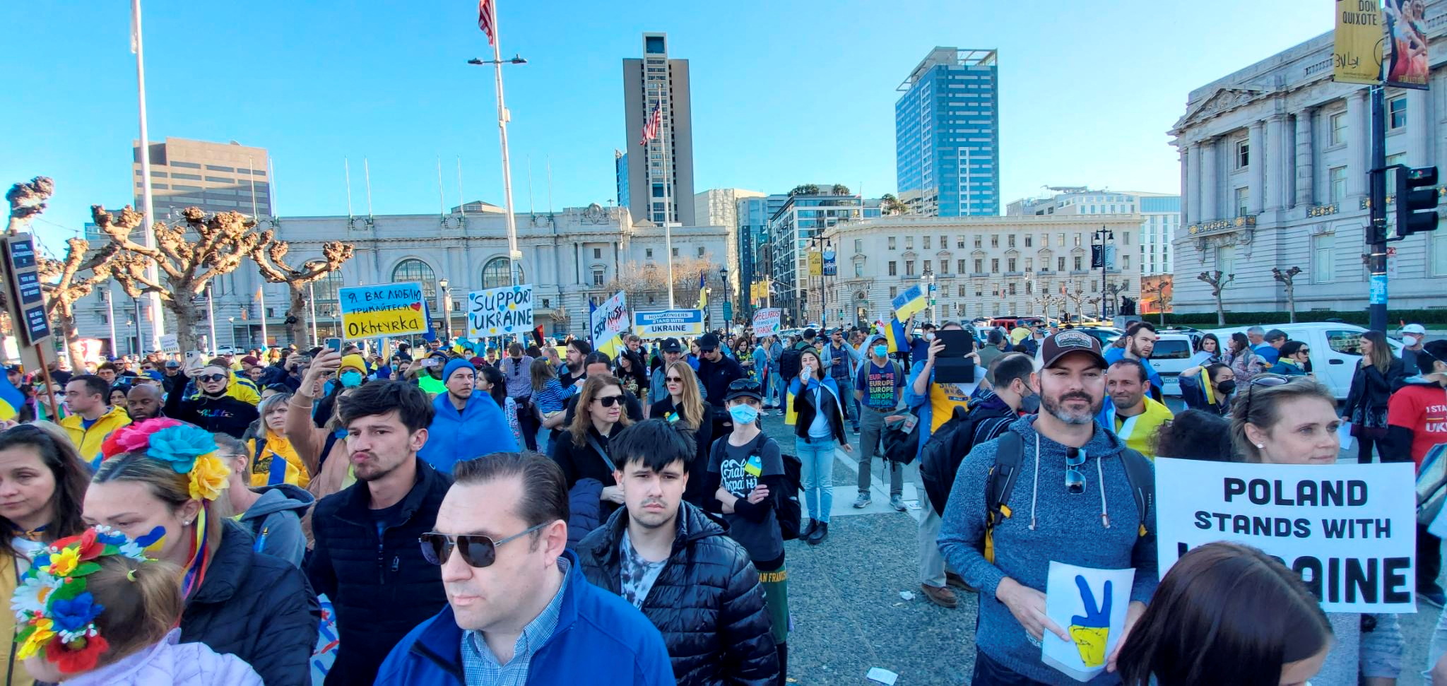 Supporters gather during a rally organized by Silicon Valley-based humanitarian aid group Nova Ukraine, in San Francisco