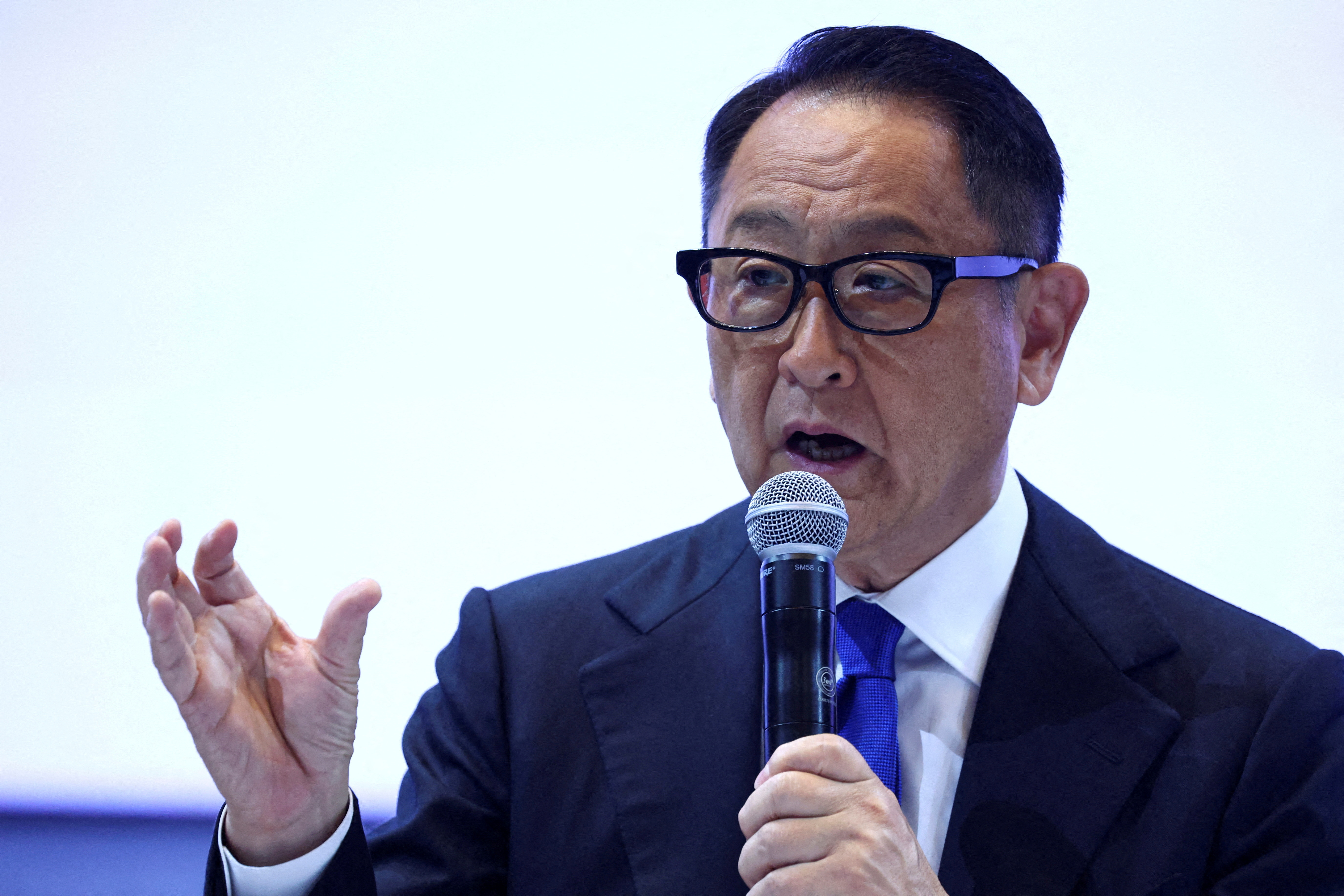 Toyota Motor Chairman Akio Toyoda speaks at a press conference in Bangkok