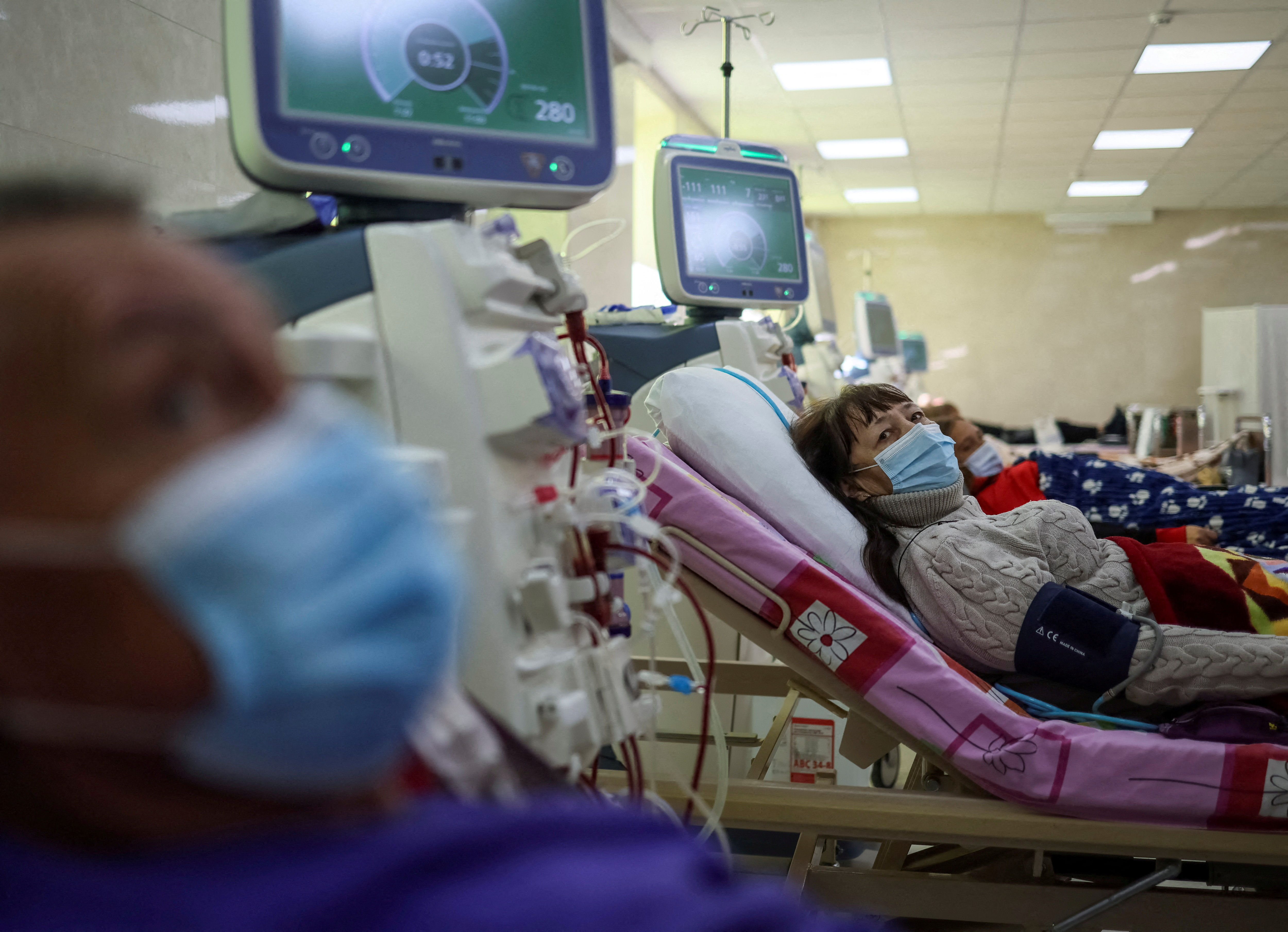 A patient receives hemodialysis treatment in a hospital in Obukhiv