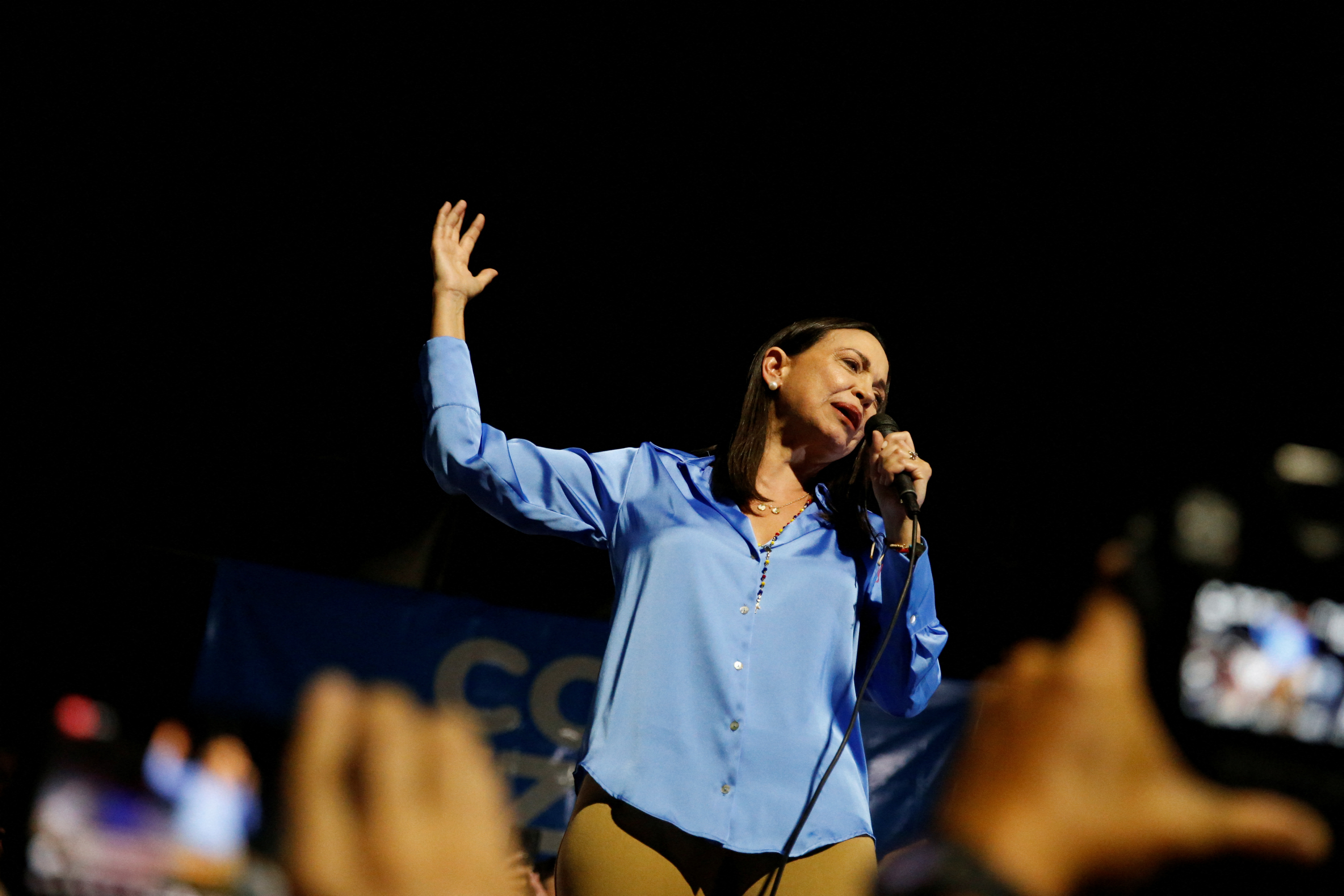 Maria Corina Machado addresses the audience, in Caracas