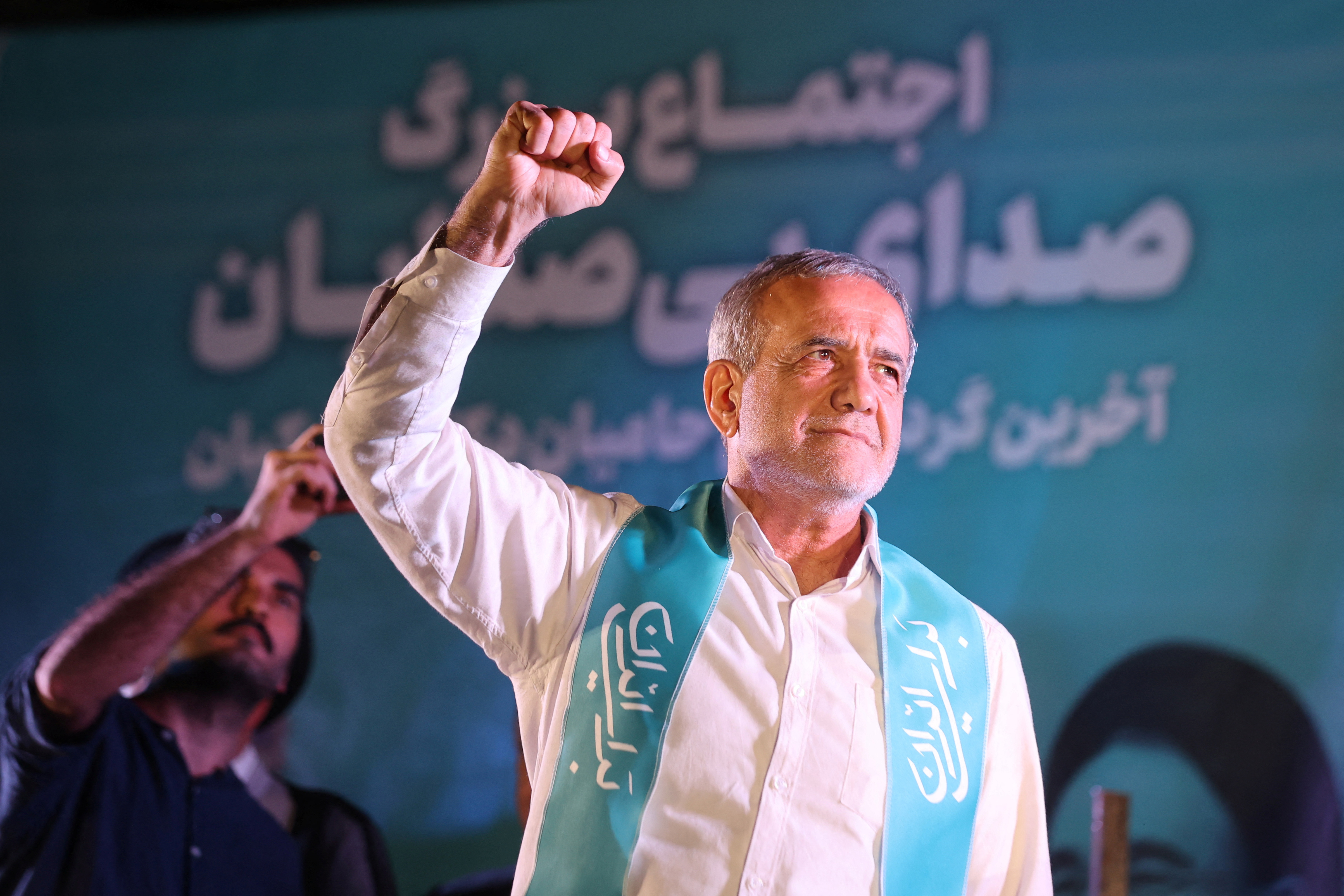 Iranian presidential candidate Masoud Pezeshkian holds a campaign event, in Tehran