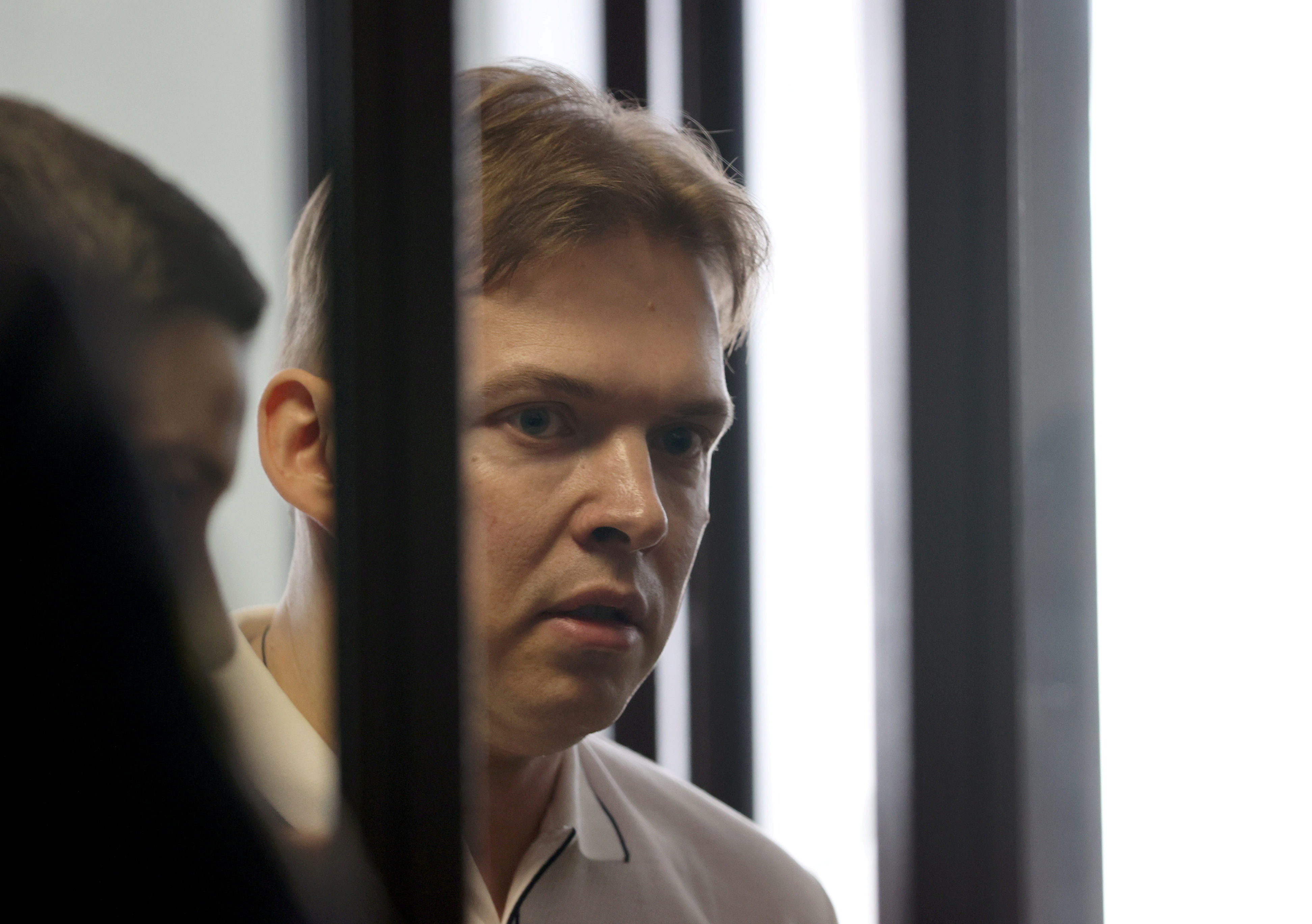 Belarusian opposition politician Maxim Znak, charged of plotting to seize power and threatening national security, attends a court hearing in Minsk, Belarus August 4, 2021. Ramil Nasibulin/BelTA/Handout via REUTERS