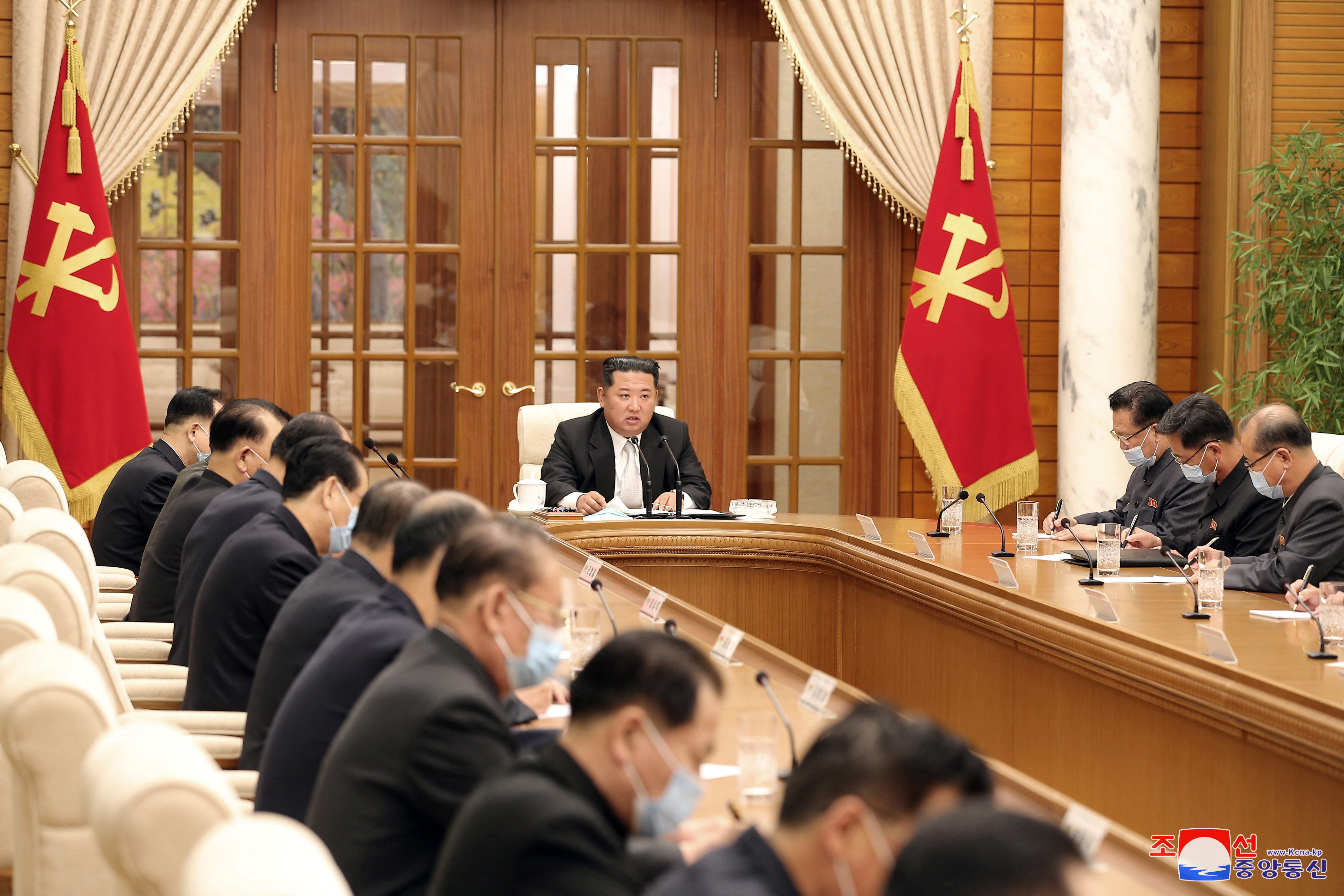 North Korean leader Kim Jong Un chairs a Worker's Party meeting on coronavirus disease (COVID-19) outbreak response