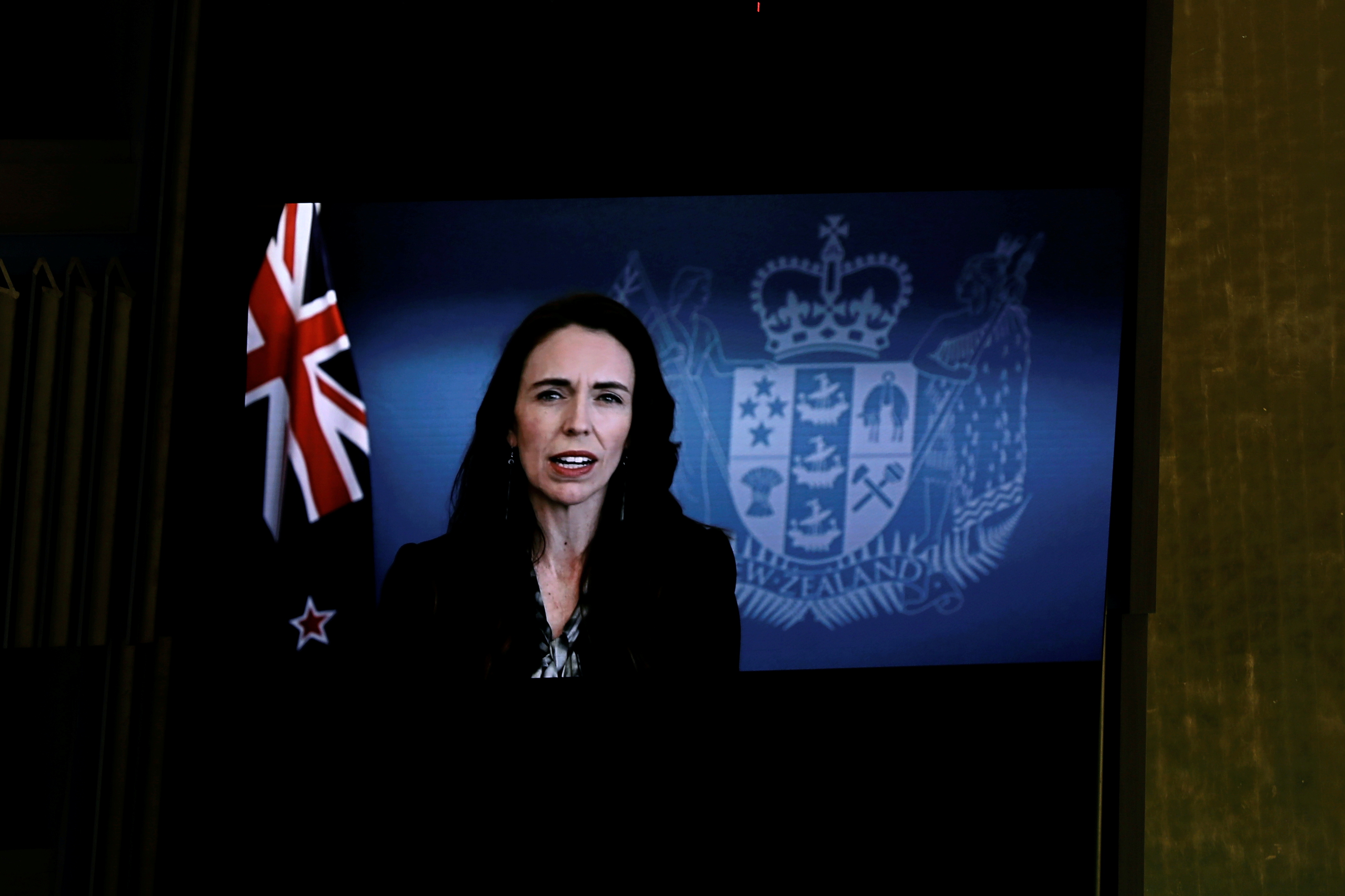 New Zealand's Prime Minister Jacinda Ardern addresses via pre-recorded video the UN General Assembly 76th session General Debate in UN General Assembly Hall at the United Nations Headquarters in New York City, New York, U.S., September 24, 2021. Peter Foley/Pool via REUTERS