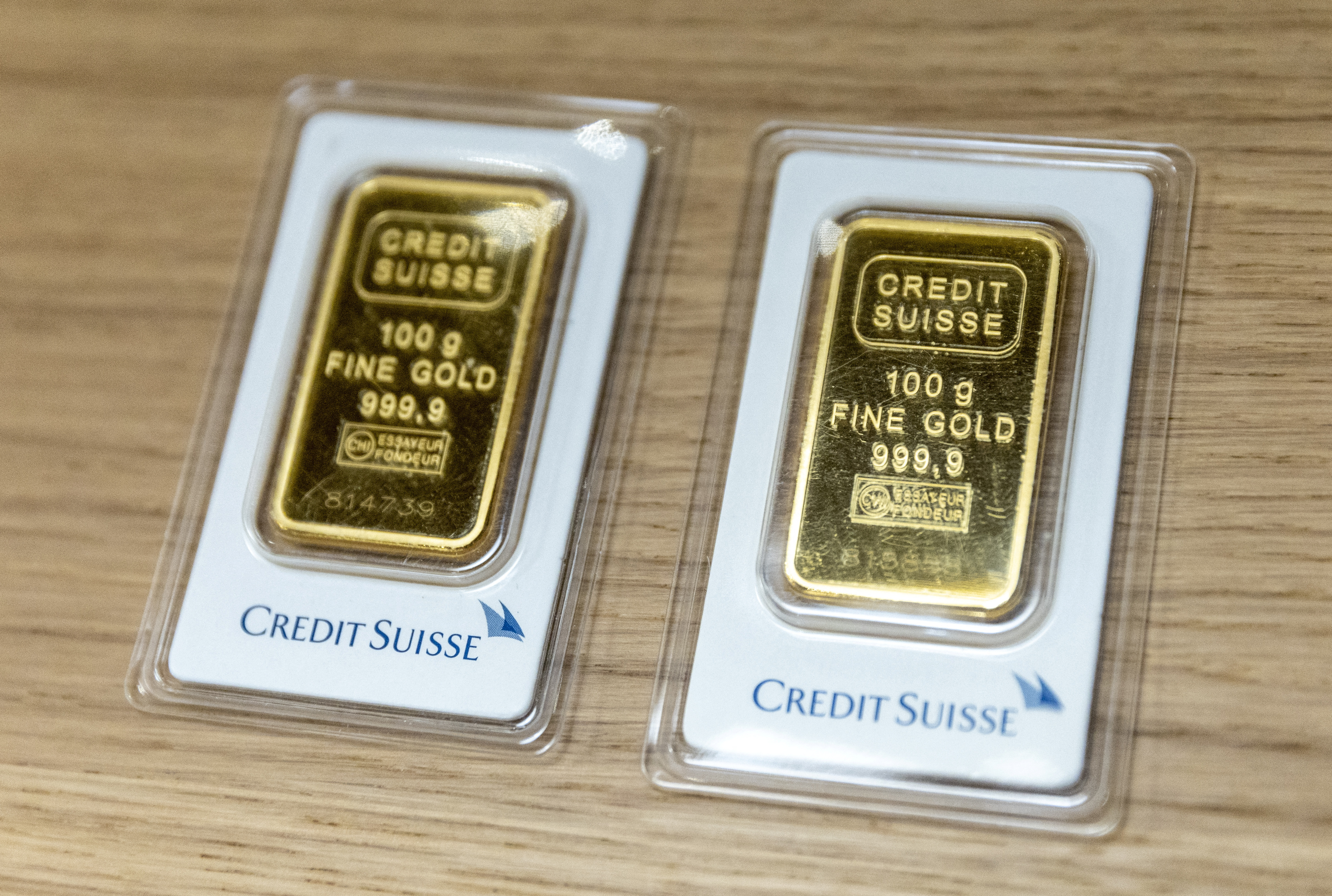 Gold bars from the Credit Suisse are seen in a shop in Zurich