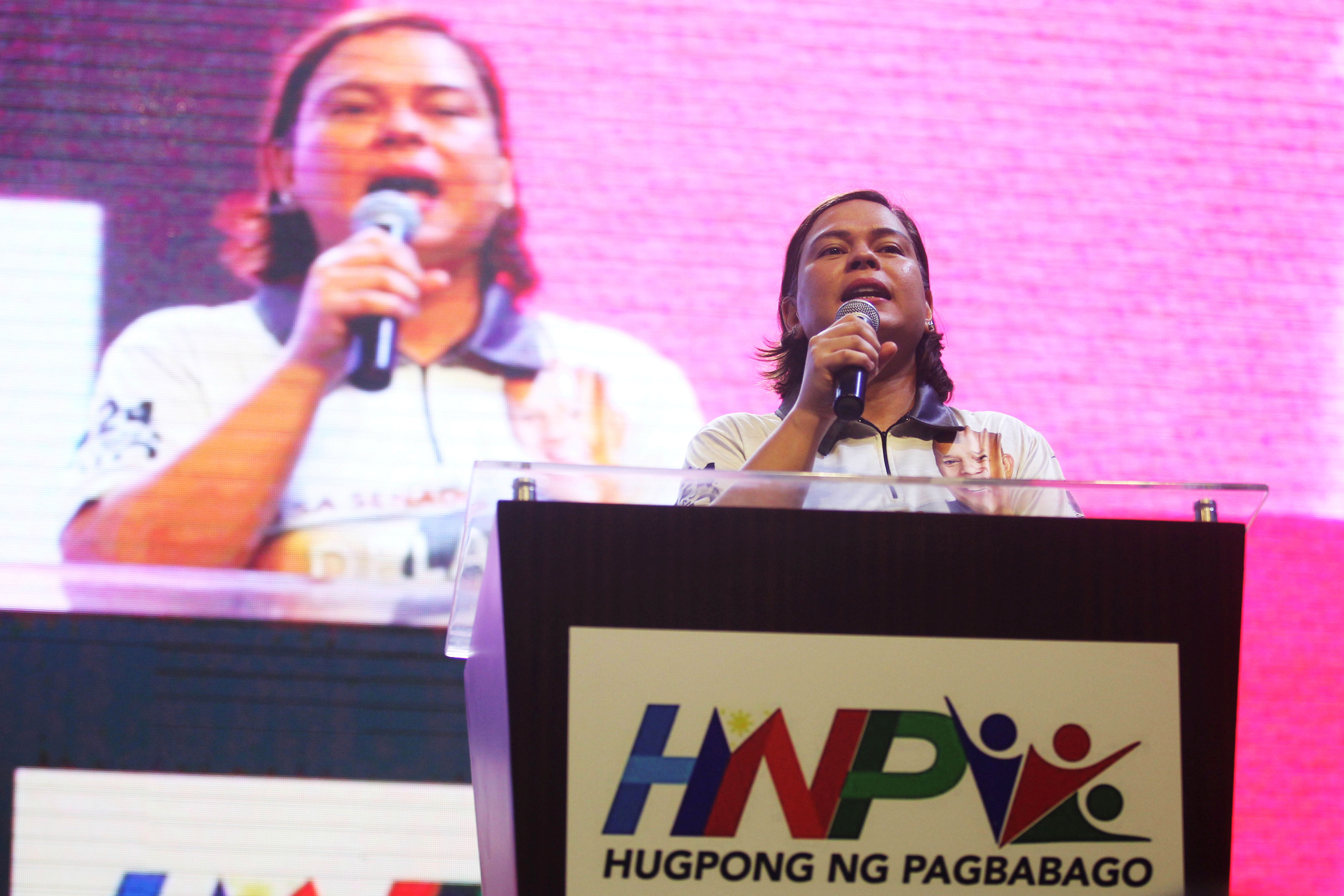 Sara Duterte, Davao City Mayor and daughter of Philippine President Rodrigo Duterte, delivers a speech during a senatorial campaign caravan for Hugpong Ng Pagbabago (HNP) in Davao City, southern Philippines on May 9, 2019. HNP is a regional political party chaired by Sara Duterte. Picture taken May 9, 2019. REUTERS/Lean Daval Jr/File Photo