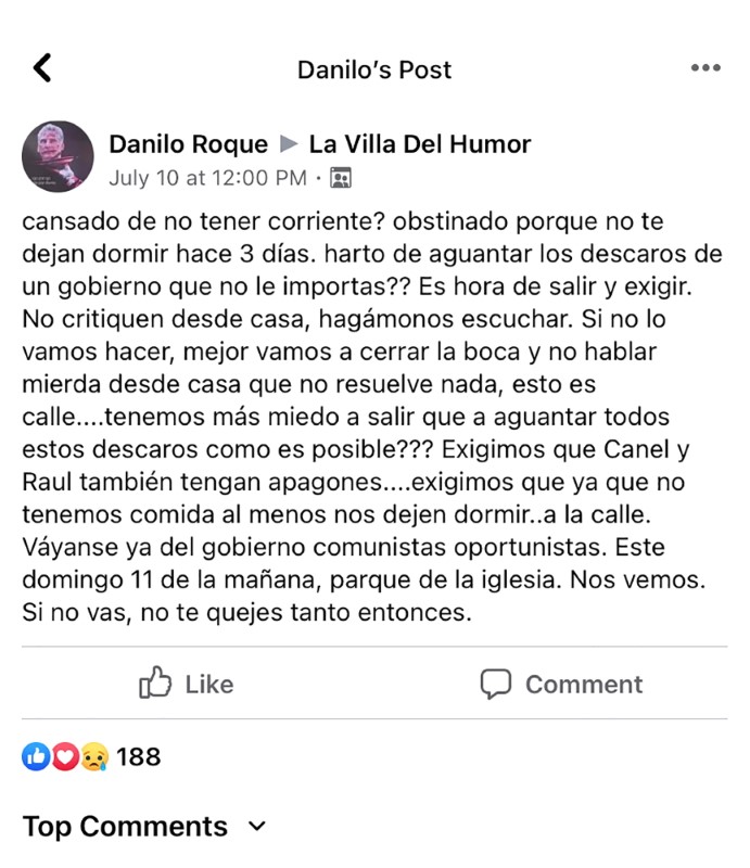 The image shows a screenshot of a message posted by the Facebook profile Danilo Roque