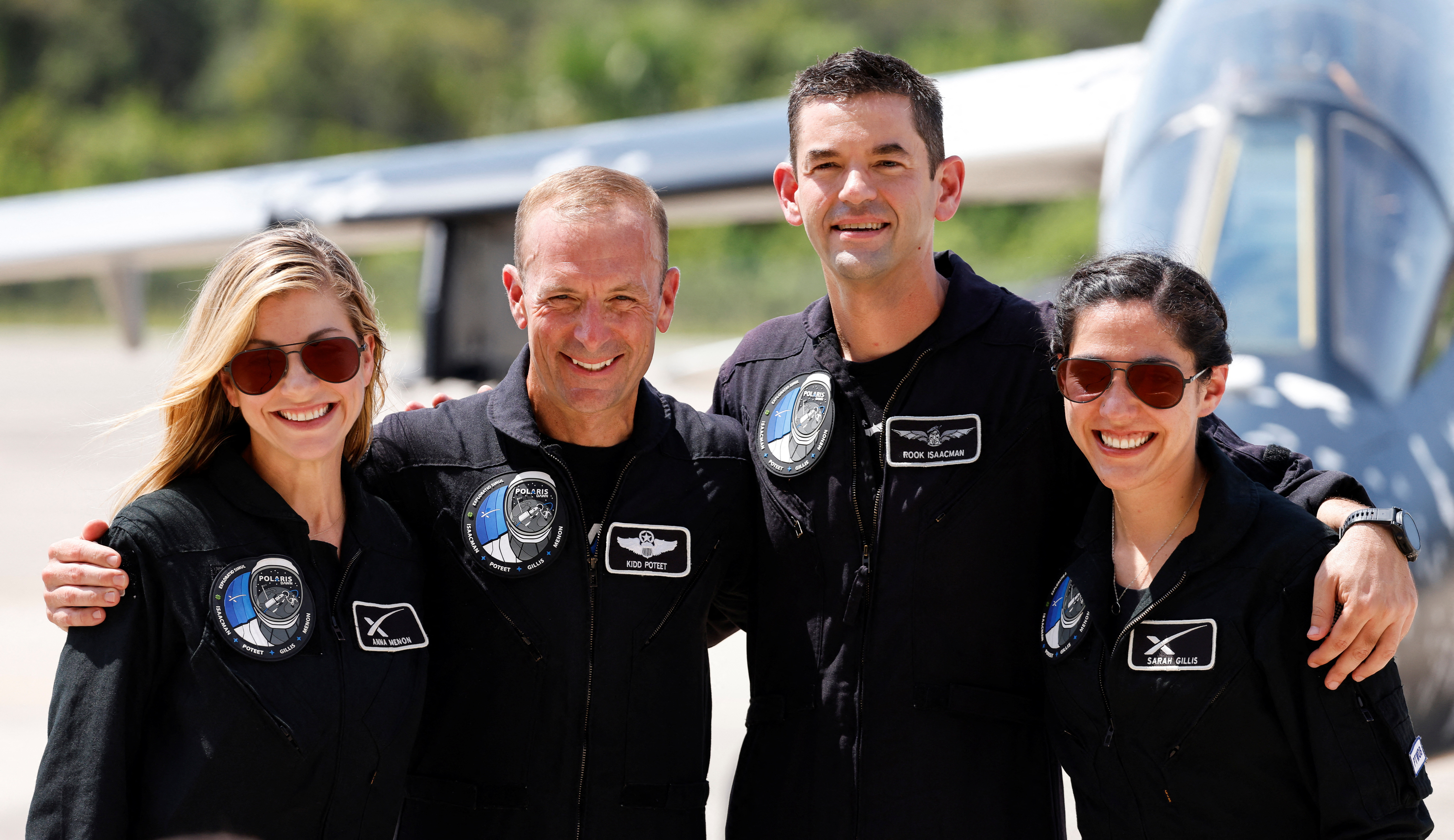 Crew members of Polaris Dawn attend a press conference at the Kennedy Space Center in Cape Canaveral