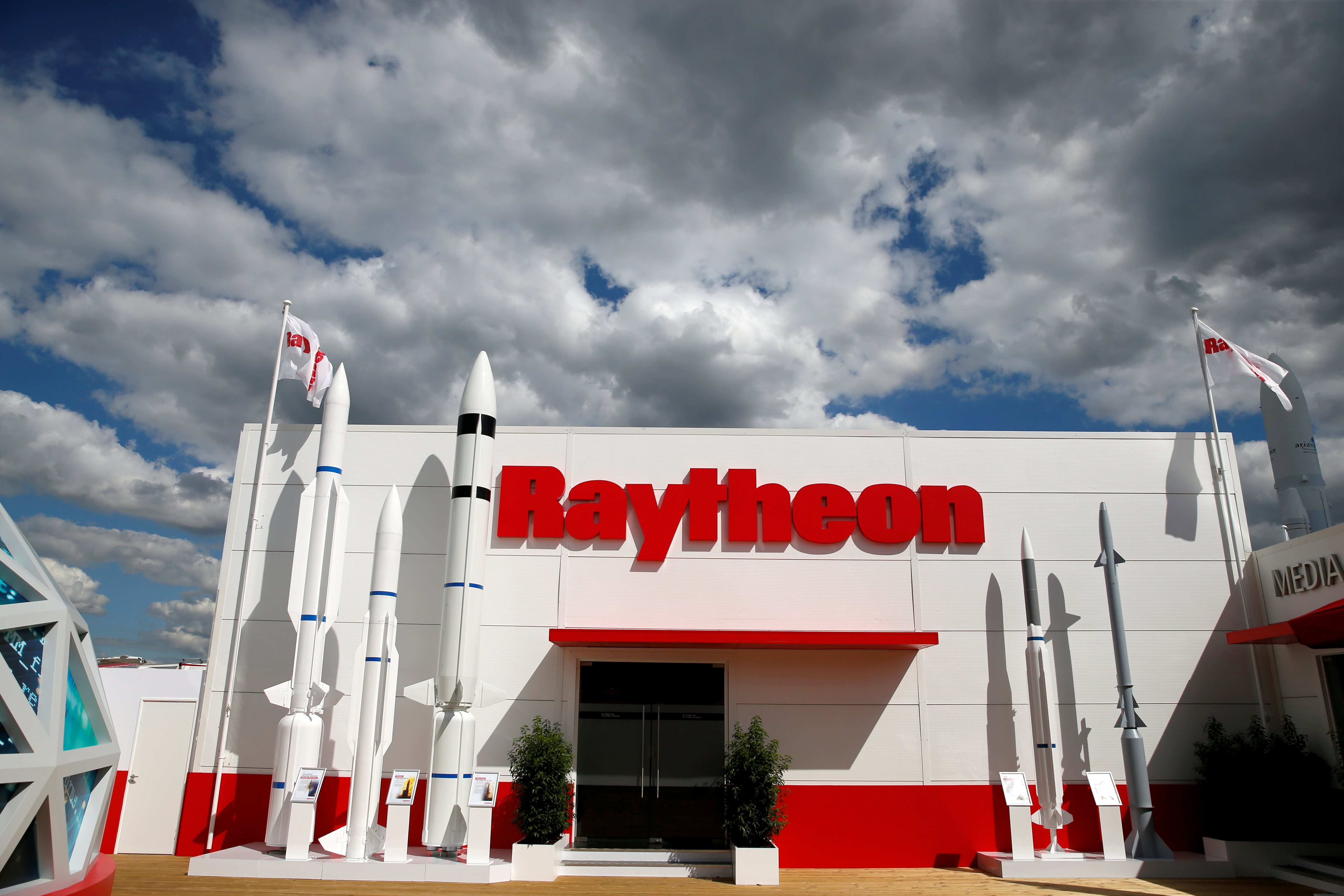 The Raytheon stand is seen at the 53rd International Paris Air Show at Le Bourget Airport near Paris, France June 21, 2019. REUTERS/Pascal Rossignol/File Photo/File Photo