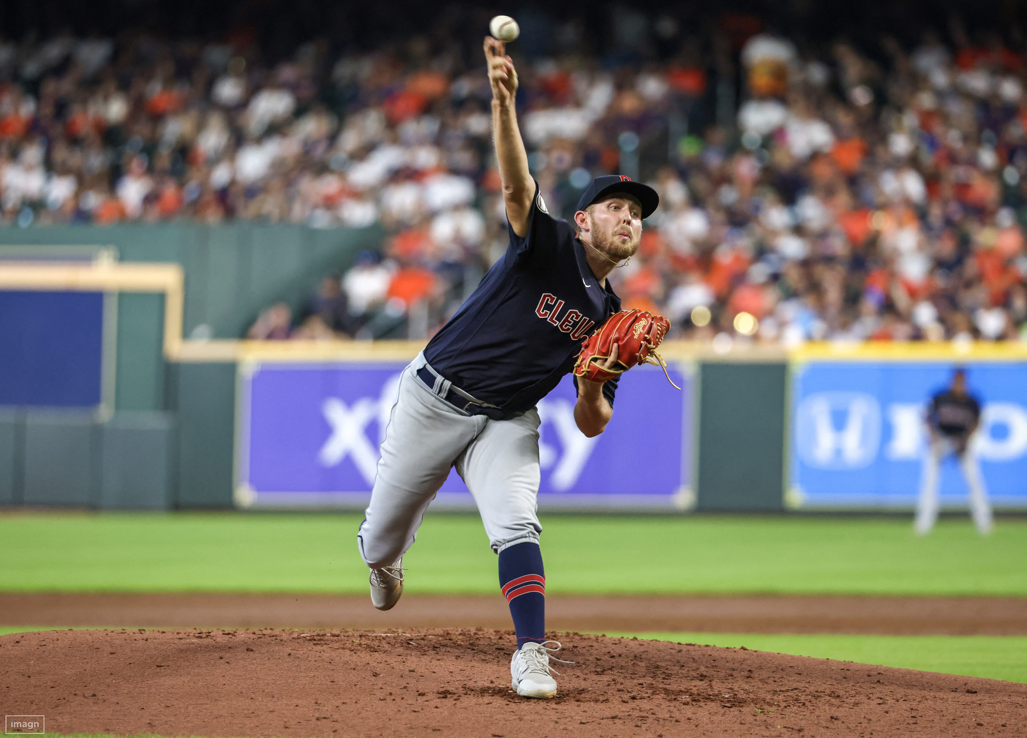 Houston, USA. 08th Oct, 2021. Houston Astros relief pitcher Ryan Pressly  throws in the eighth inning of game two of the MLB ALDS against the Chicago  White Sox at Minute Maid Park