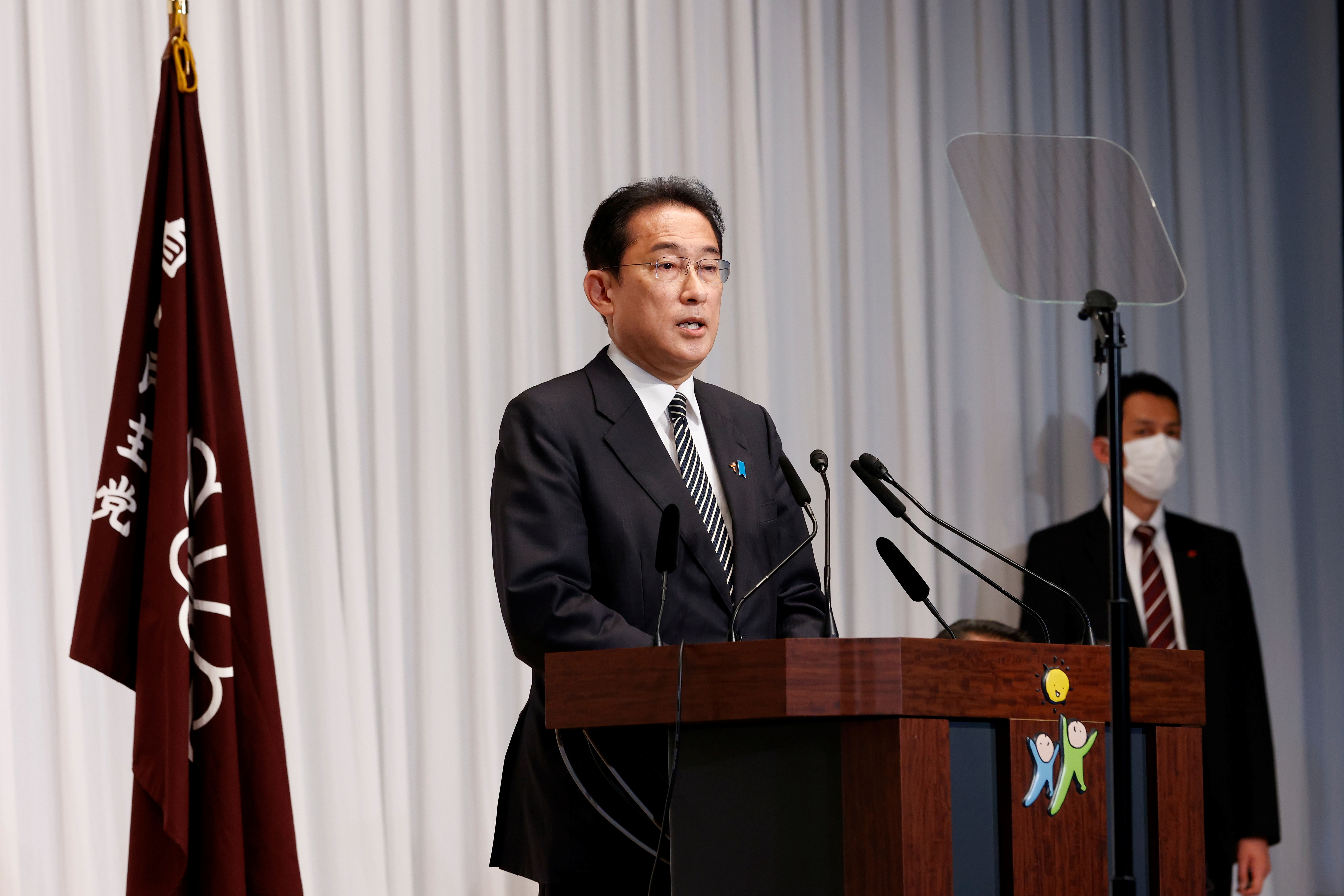 Japan's Prime Minister and ruling Liberal Democratic Party leader Fumio Kishida speaks during a news conference at the party headquarters in Tokyo