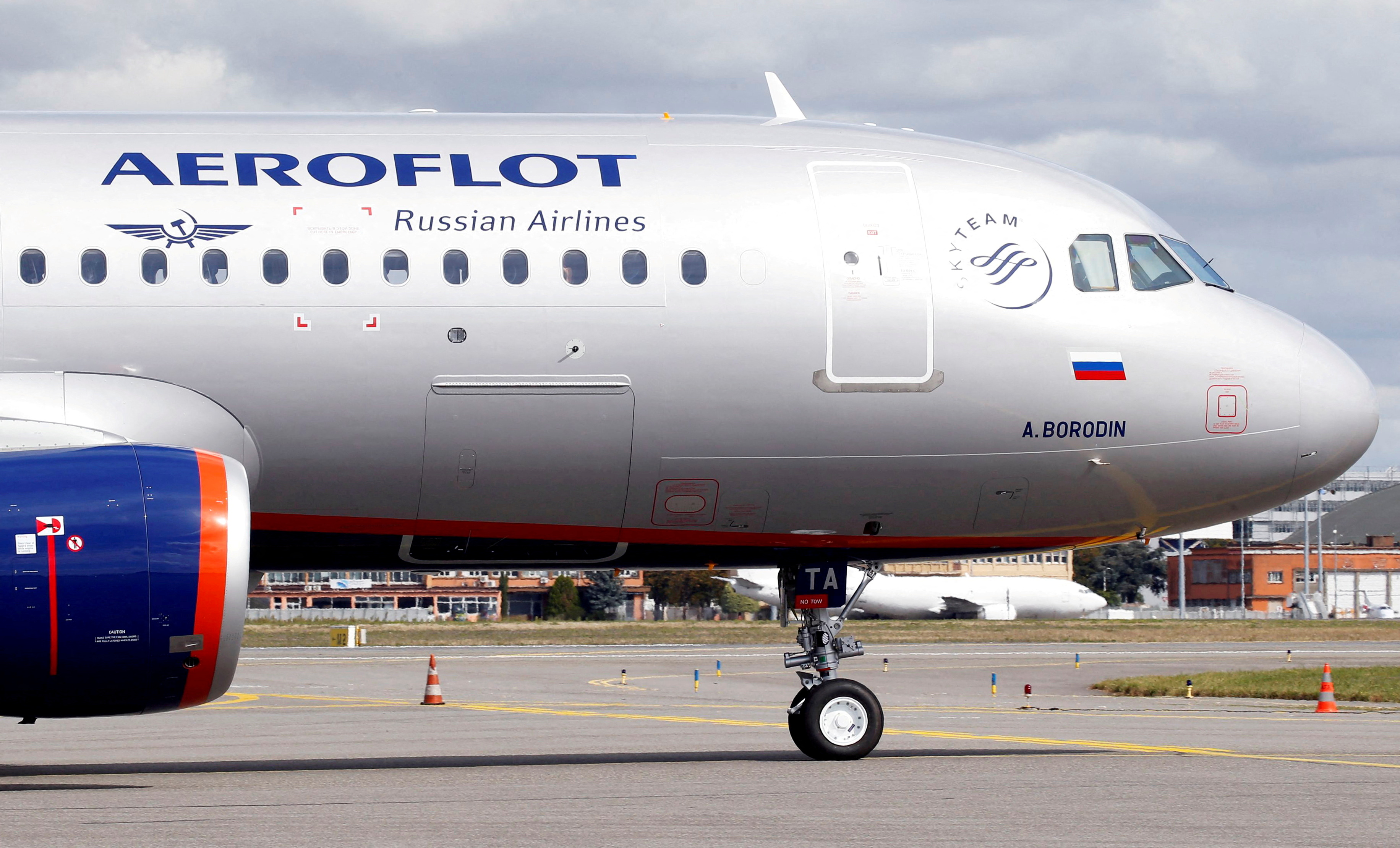 The logo of Russia's flagship airline Aeroflot is seen on an Airbus A320 in Colomiers near Toulouse, France
