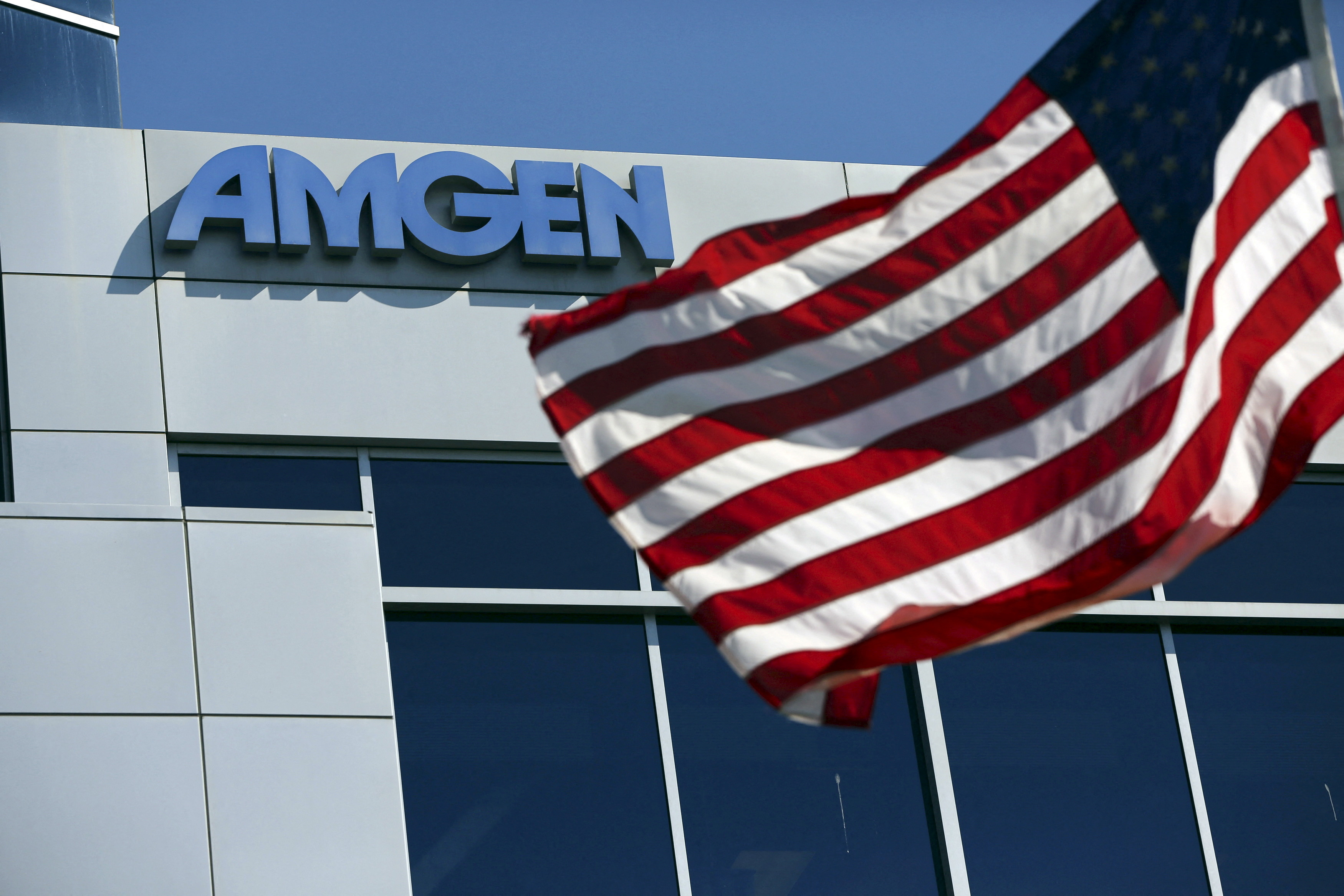 File photo of an Amgen sign at the company's office in South San Francisco