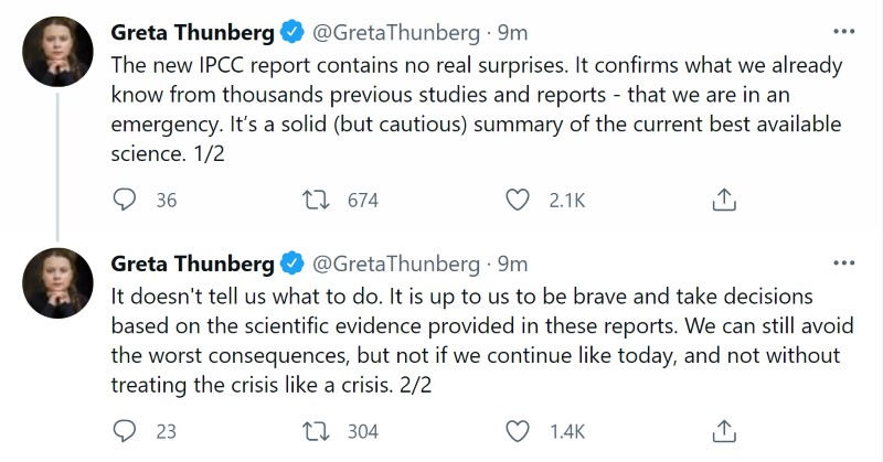 A tweet by climate activist Greta Thunberg referring to the latest IPCC report is seen in this screen shot taken August 9, 2021. TWITTER/@GretaThunberg via REUTERS  