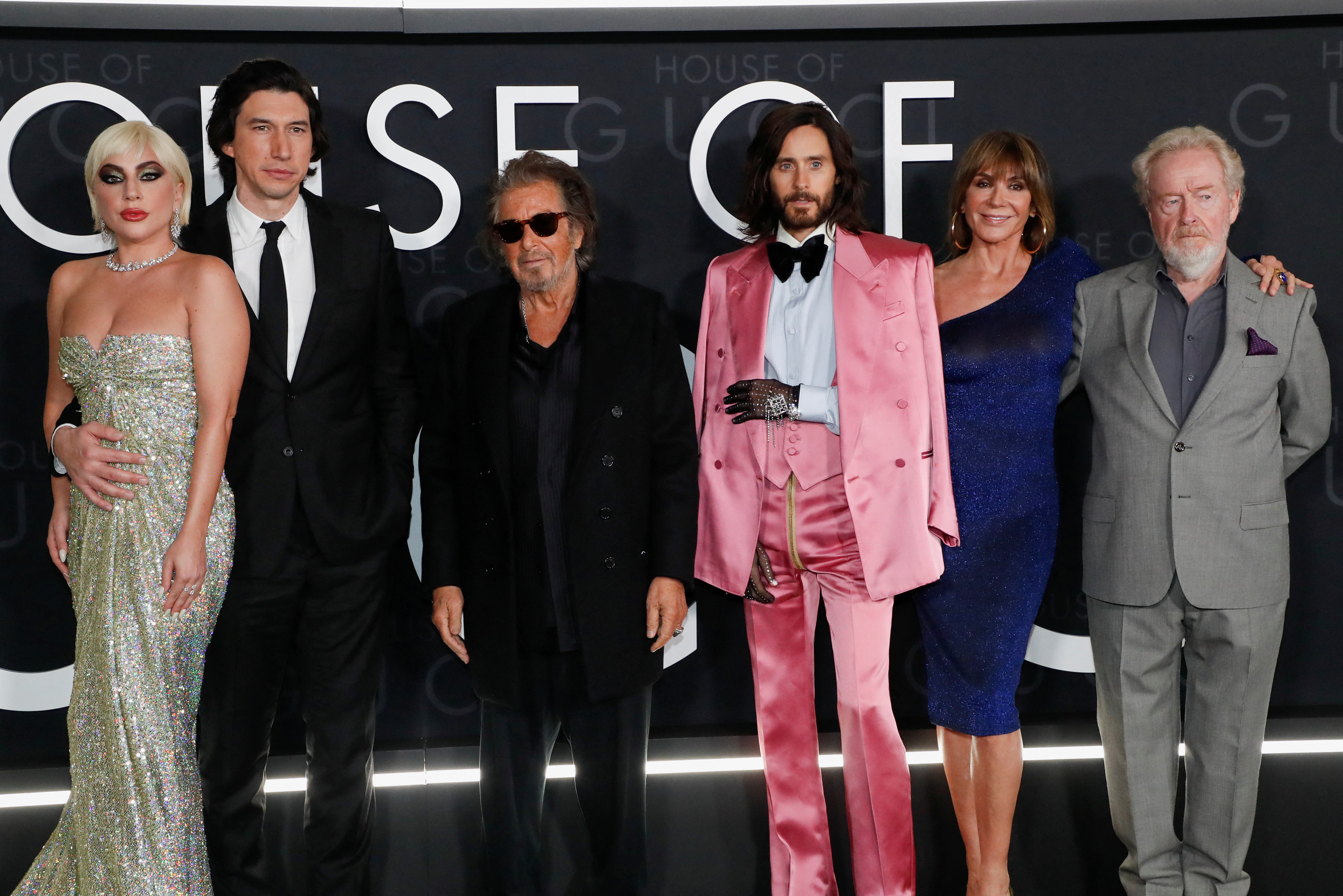 Cast members Lady Gaga, Adam Driver, Al Pacino and Jared Leto pose with director Ridley Scott and his wife, producer Giannina Facio during the premiere of the film 