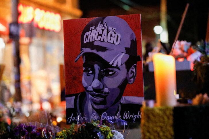 A poster of Daunte Wright is seen after the guilty verdict in the Derek Chauvin trial was announced at George Floyd Square in Minneapolis, Minnesota, U.S.