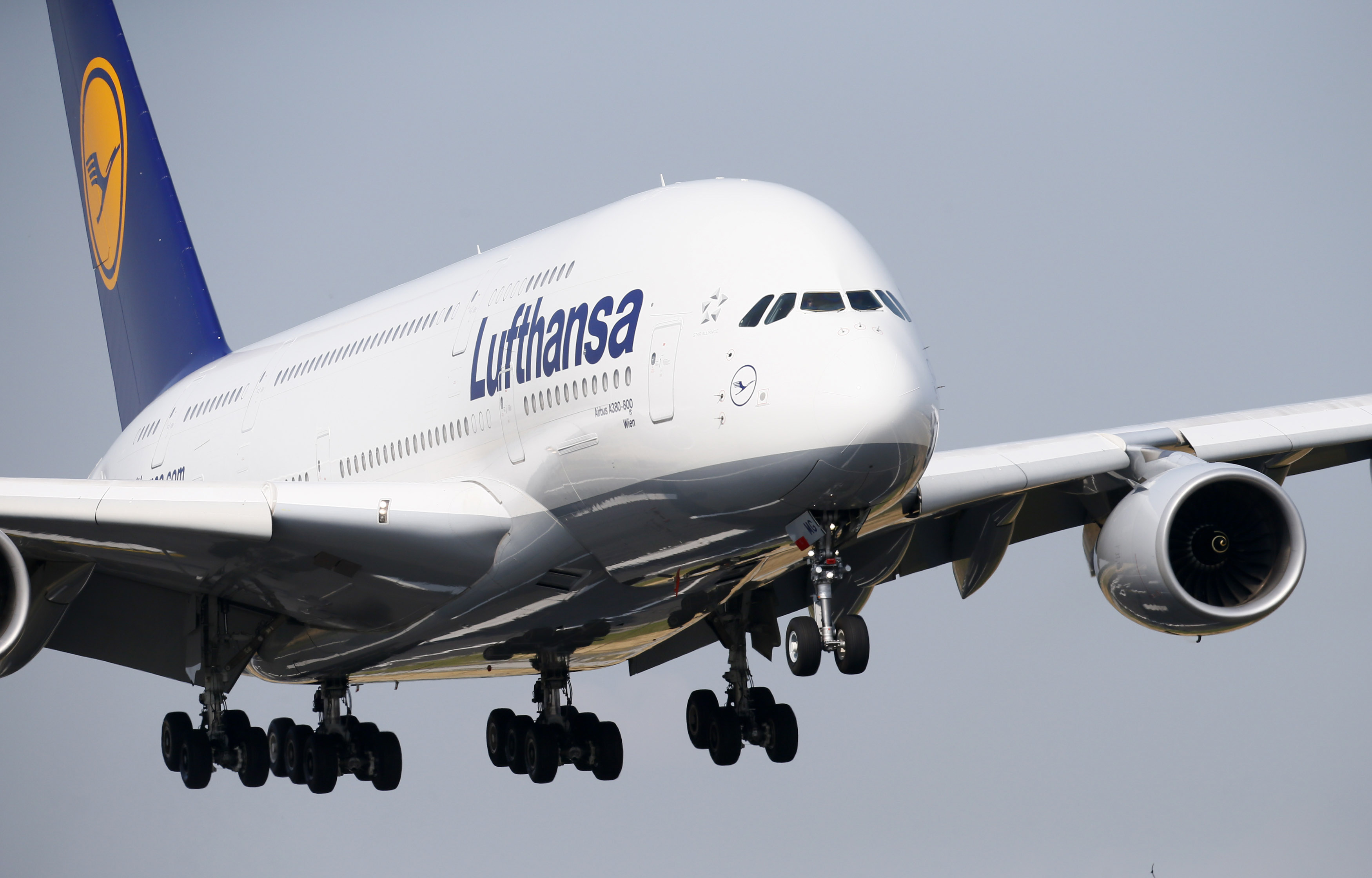 A Lufthansa Airbus 380 approaches Frankfurt airport