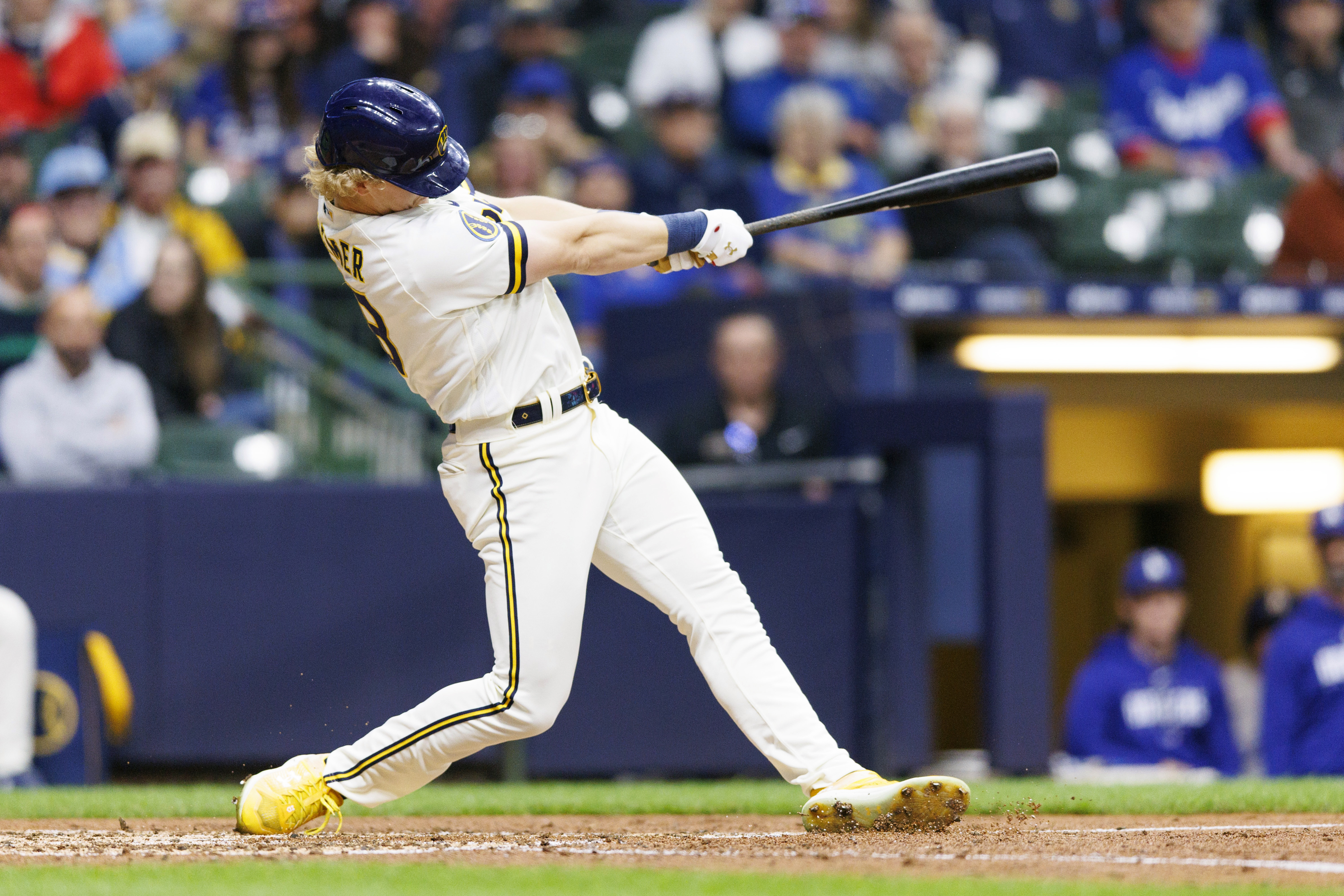 MILWAUKEE, WI - MAY 10: Los Angeles Dodgers third baseman Chris Taylor (3)  bats during an MLB game against the Milwaukee Brewers on May 10, 2023 at  American Family Field in Milwaukee