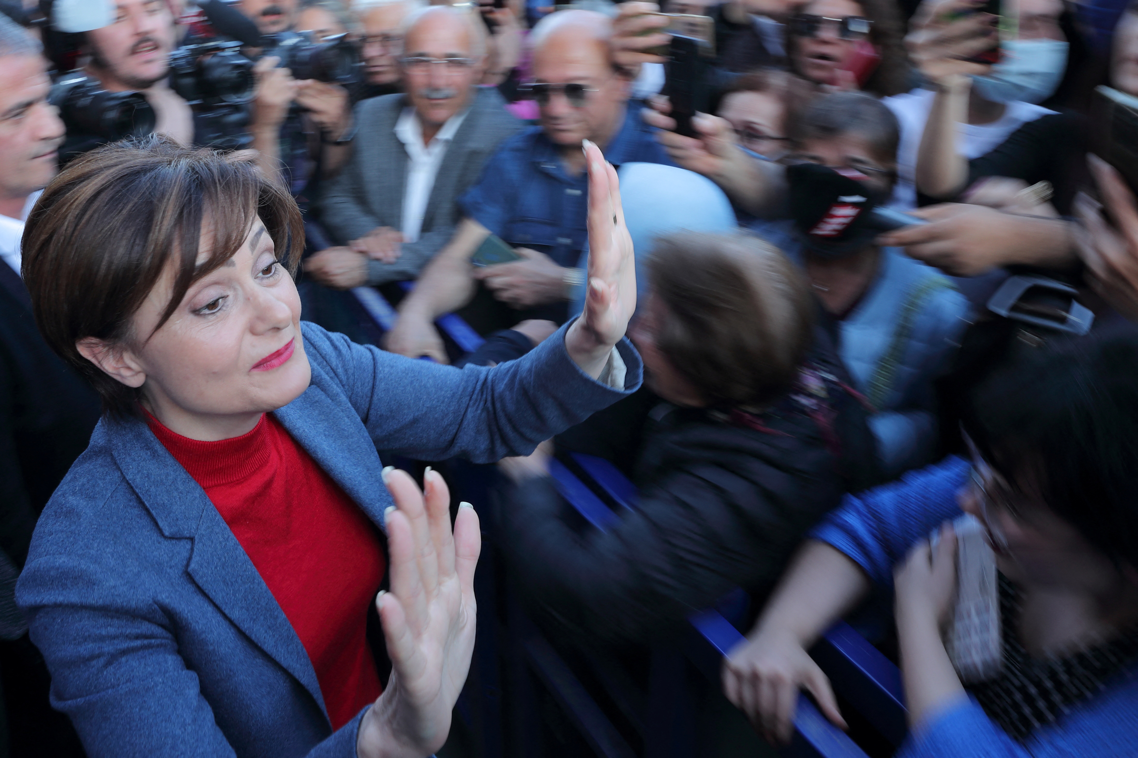 Main opposition CHP's Istanbul chair Kaftancioglu greets her supporters in Istanbul
