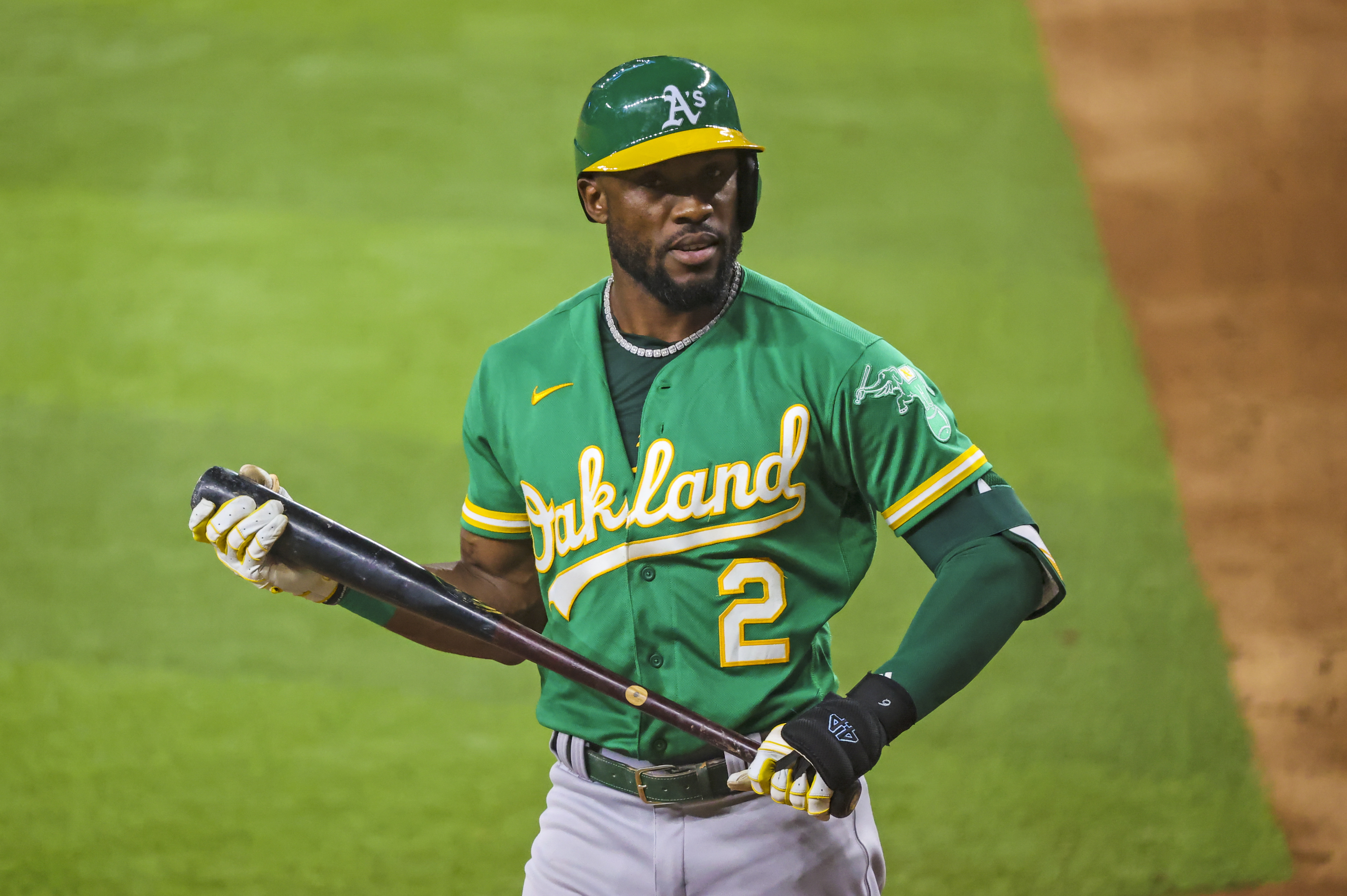 Aug 13, 2021; Arlington, Texas, USA;  Oakland Athletics center fielder Starling Marte (2) reacts after striking out during the ninth inning against the Texas Rangers at Globe Life Field. Mandatory Credit: Kevin Jairaj-USA TODAY Sports