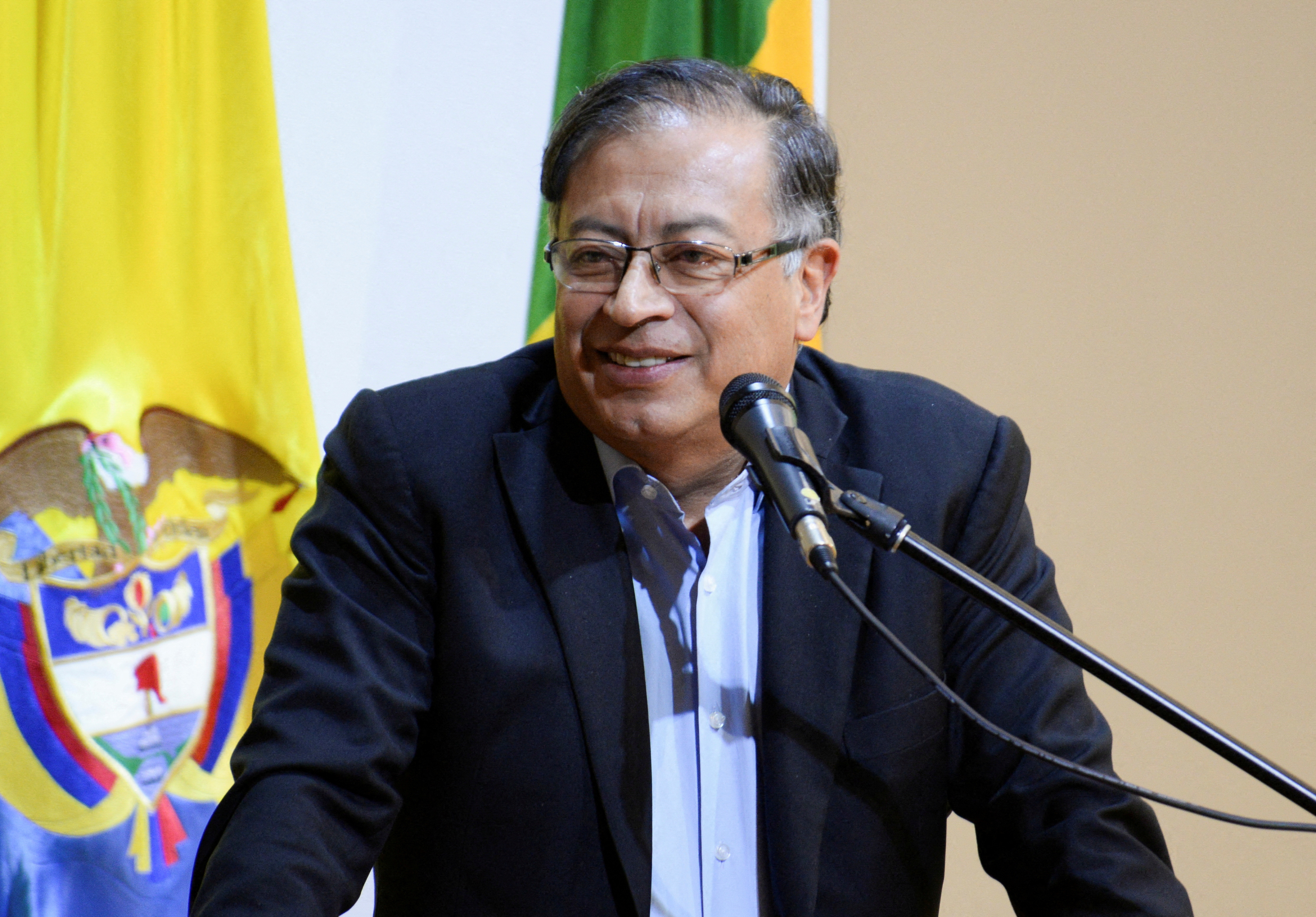 Colombia's President-elect Gustavo Petro addresses the audience at his alma mater Universidad Externado de Colombia, in Bogota