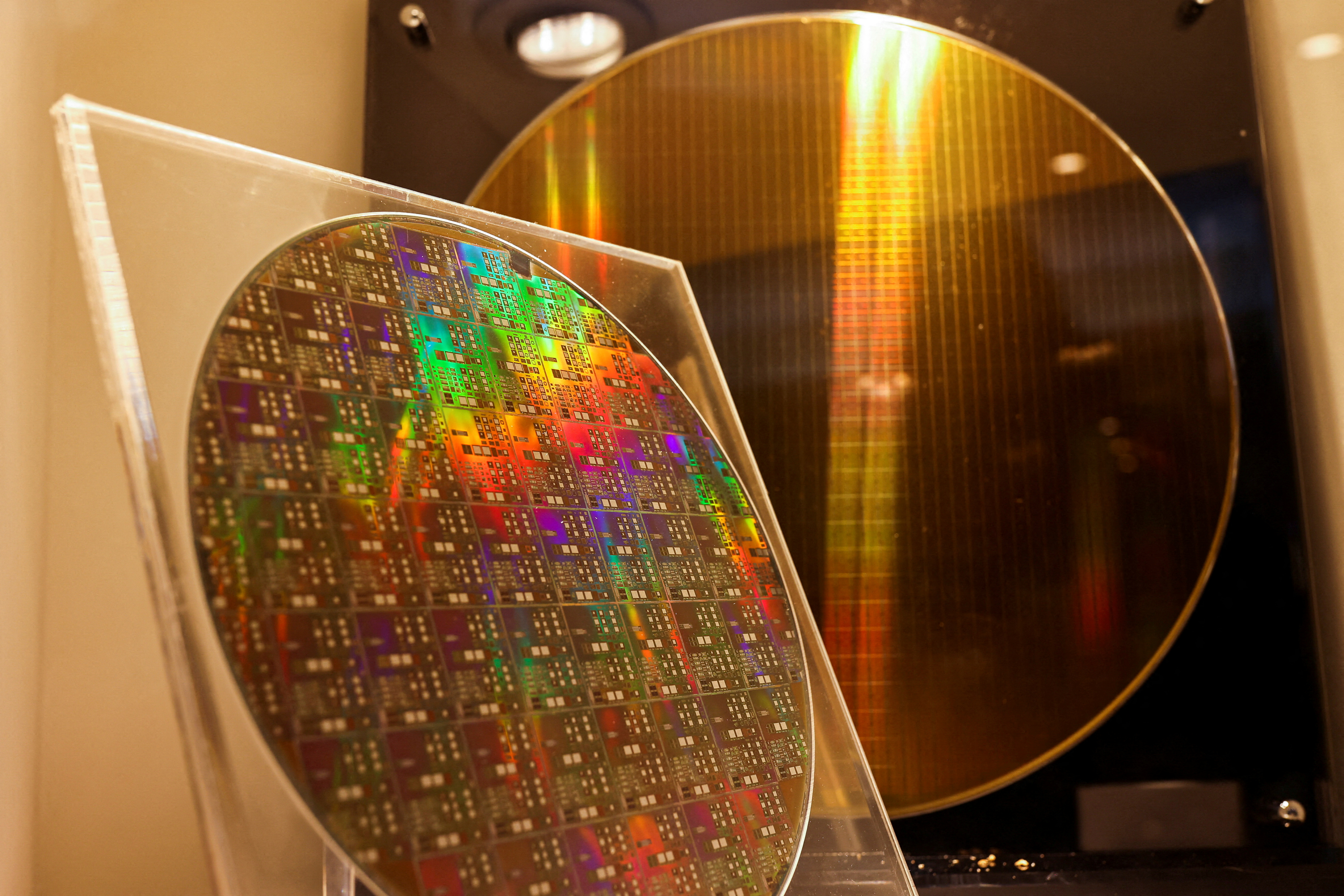 Two chips are on display at the Taiwan Semiconductor Research Institute (TSRI) in Hsinchu
