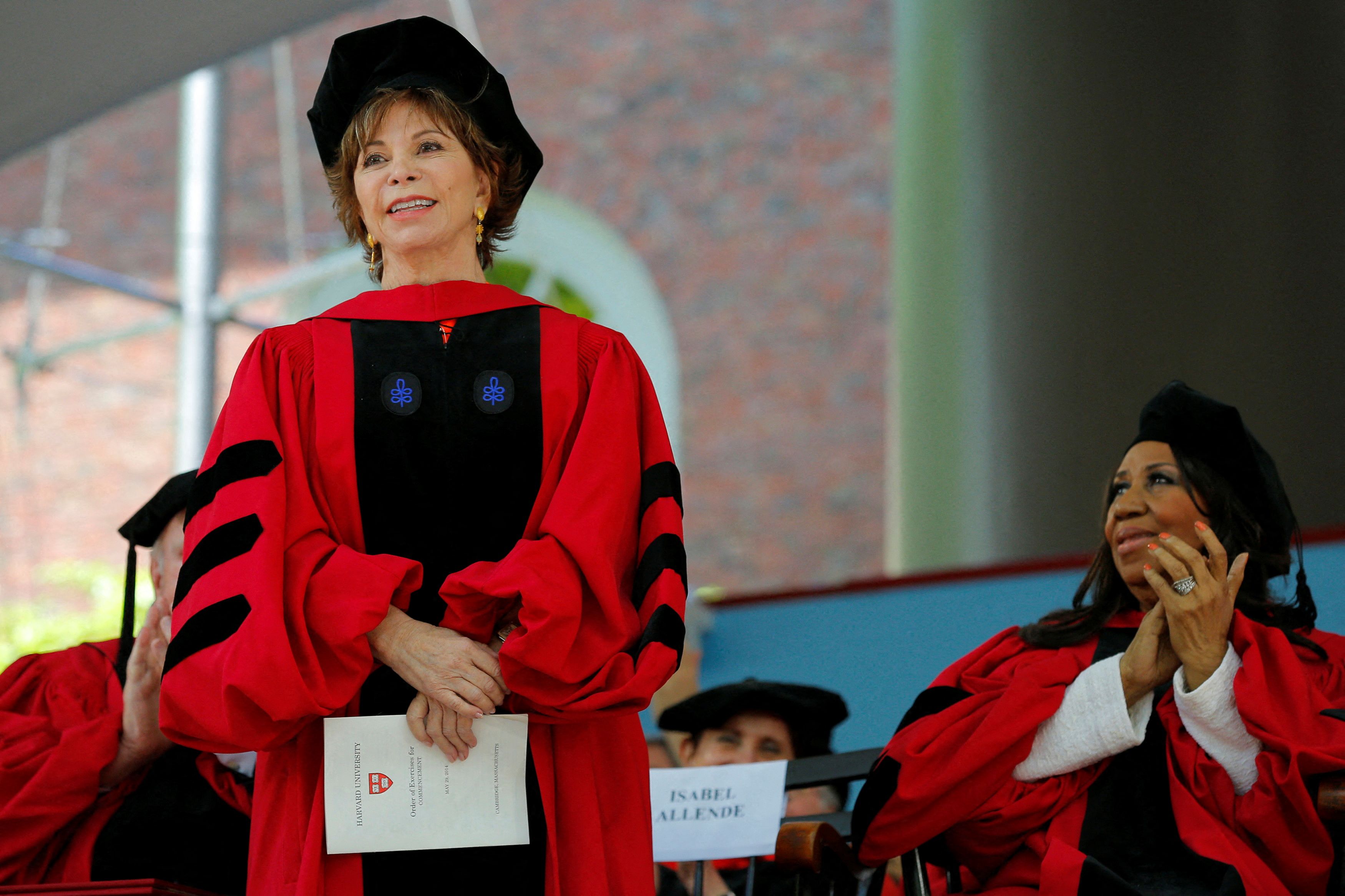 Author Allende stands to receive a honorary Doctor of Letters degree at Harvard University in Cambridge