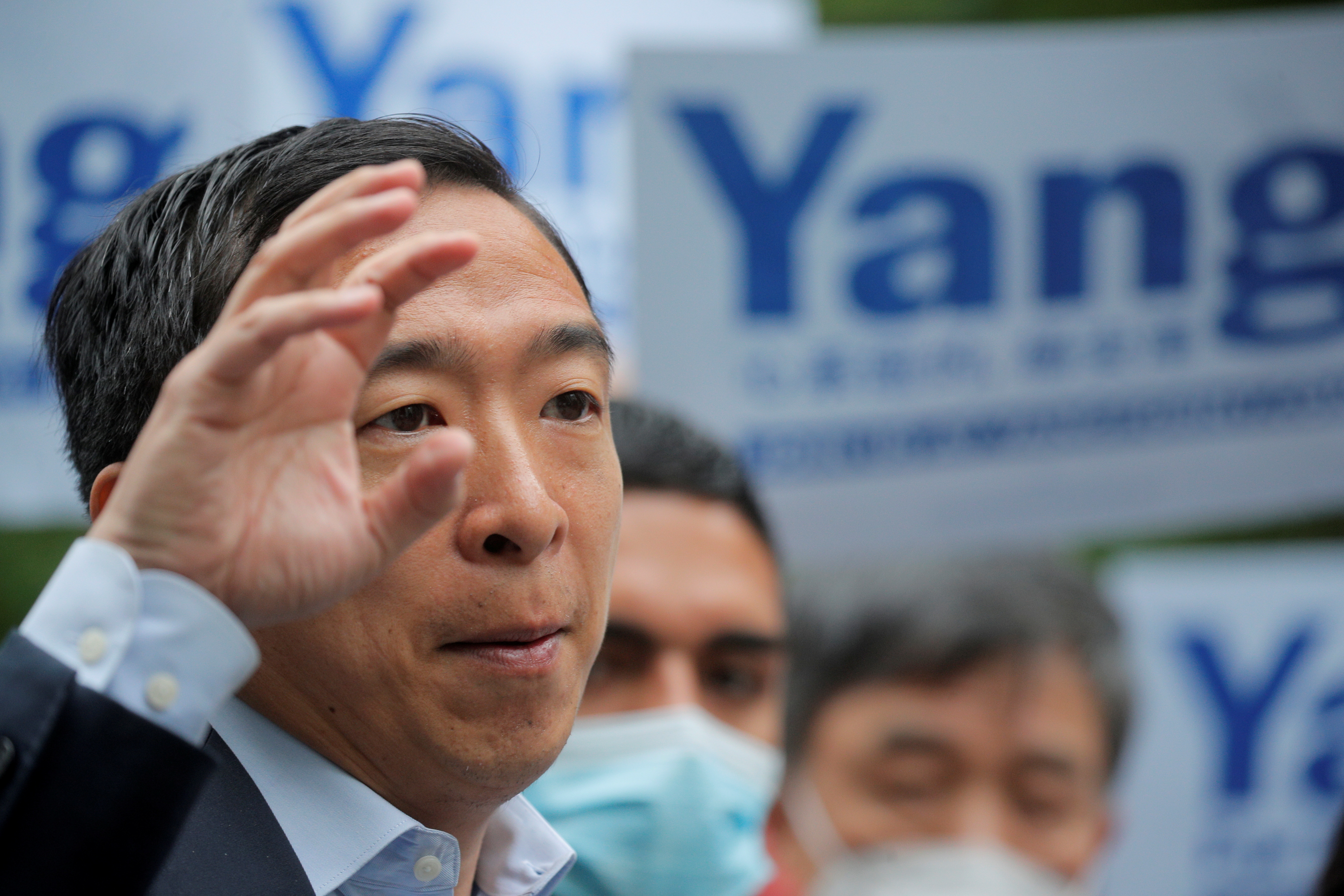 Andrew Yang, democratic candidate for mayor of New York City, speaks during a campaign appearance at City Hall Park in New York