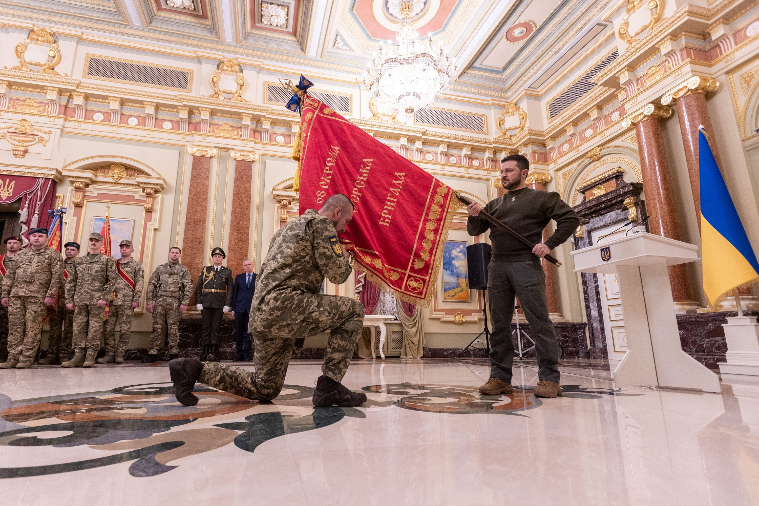 Ukraine's President Zelenskiy attends an award ceremony of a battle banner to one of a brigades in the Day of the Ukrainian Armed Forces in Kyiv