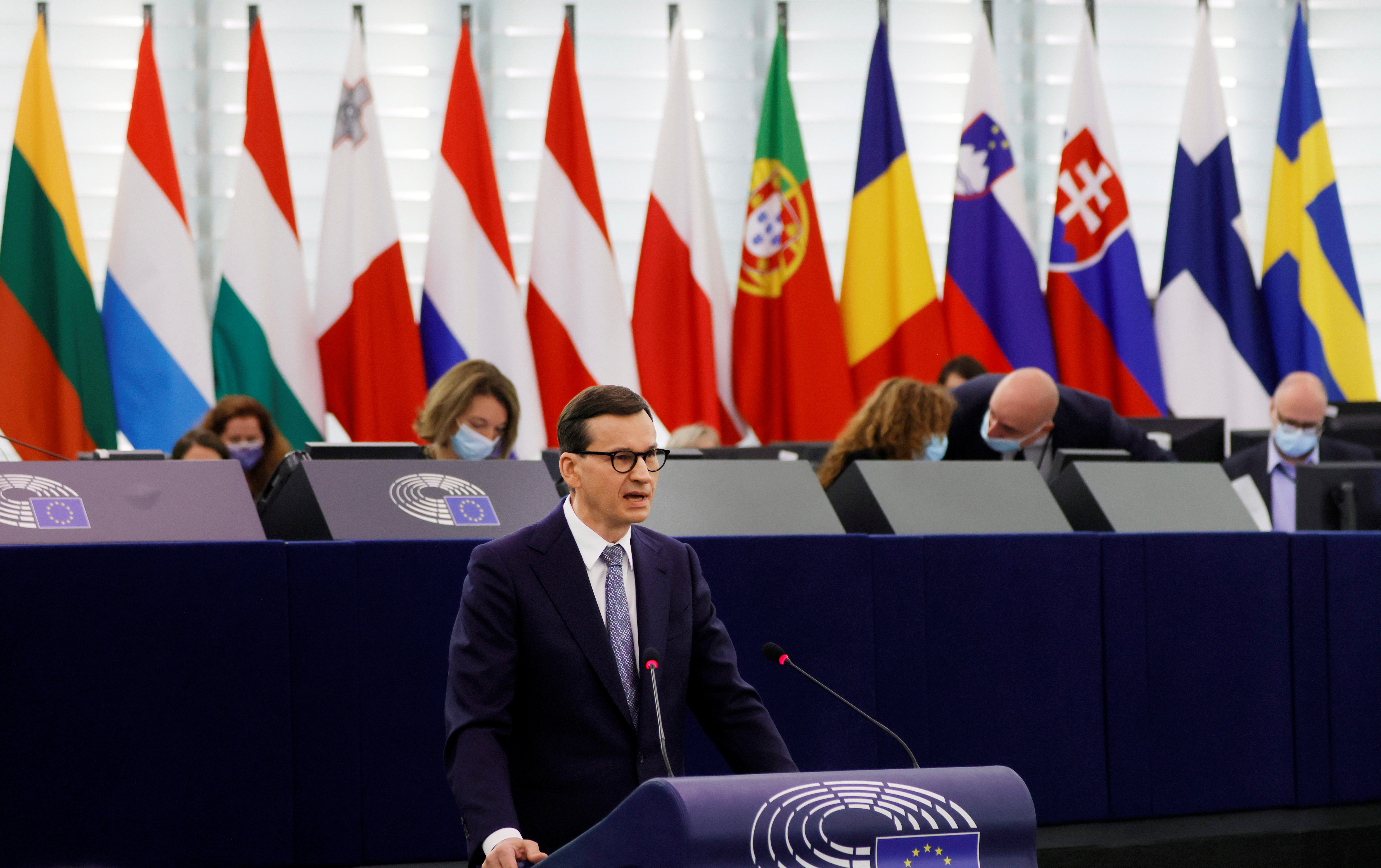 Polish Prime Minister Mateusz Morawiecki delivers a speech during a debate on Poland's challenge to the supremacy of EU laws at the European Parliament in Strasbourg, France October 19, 2021. Ronald Wittek/Pool via REUTERS