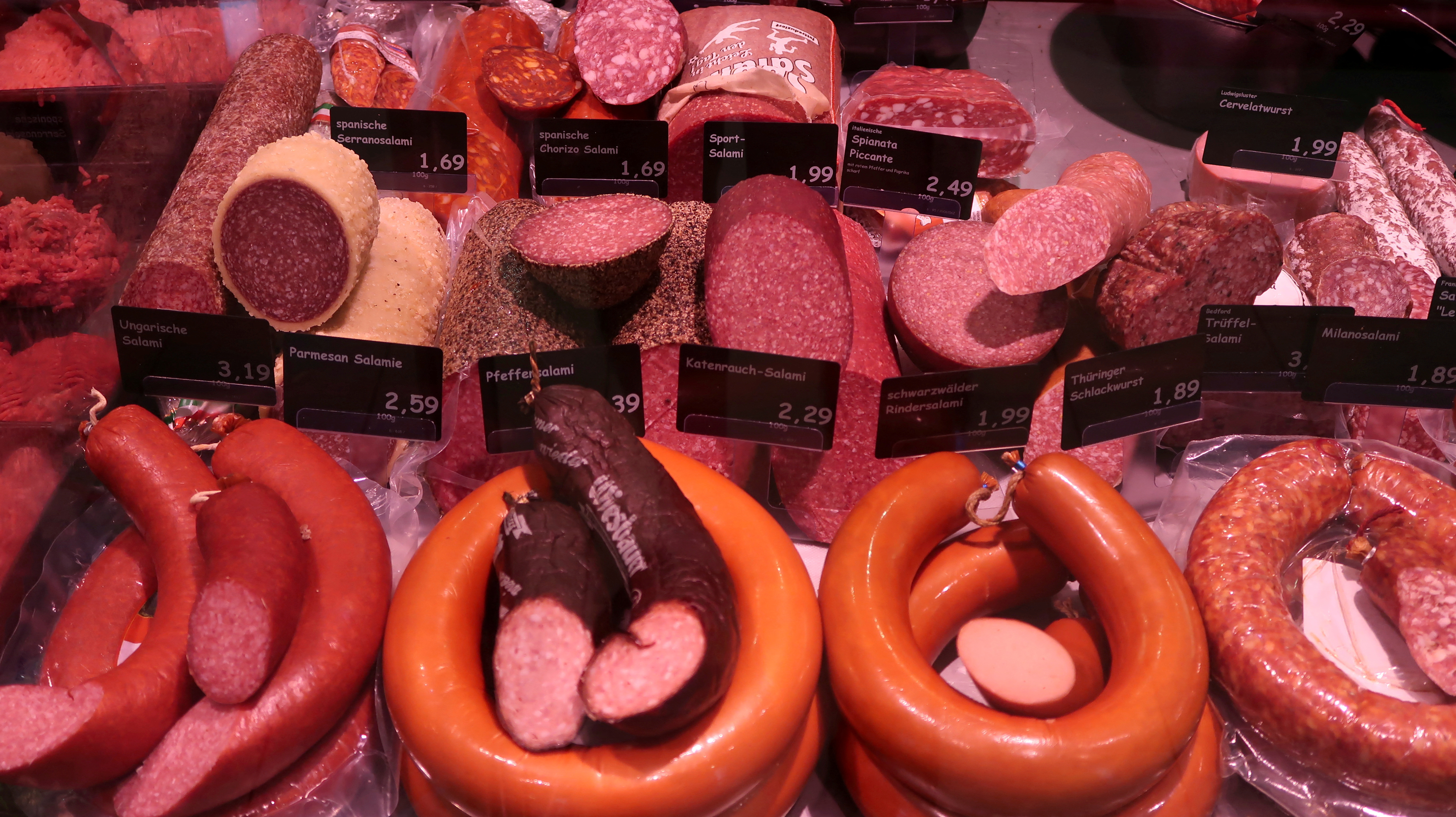 Sausages are displayed in a supermarket in Berlin