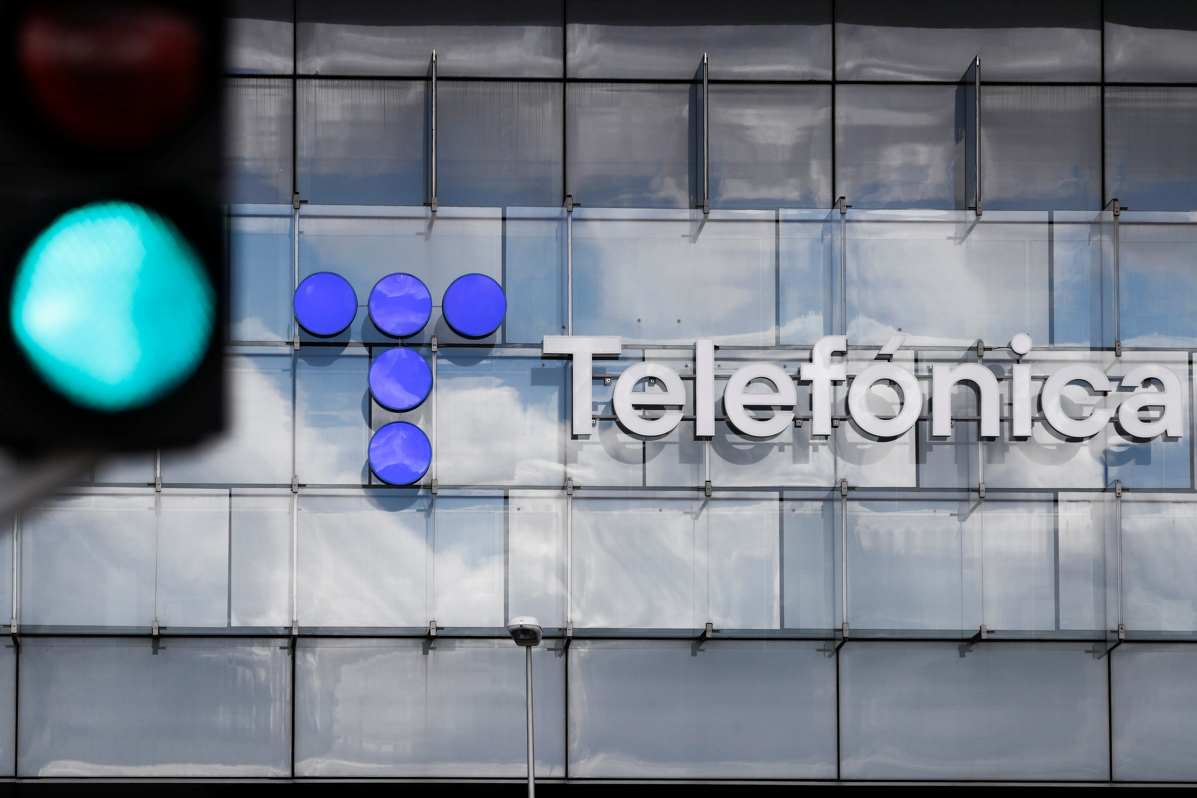 The logo of the Spanish telecommunications company Telefónica is seen in Madrid