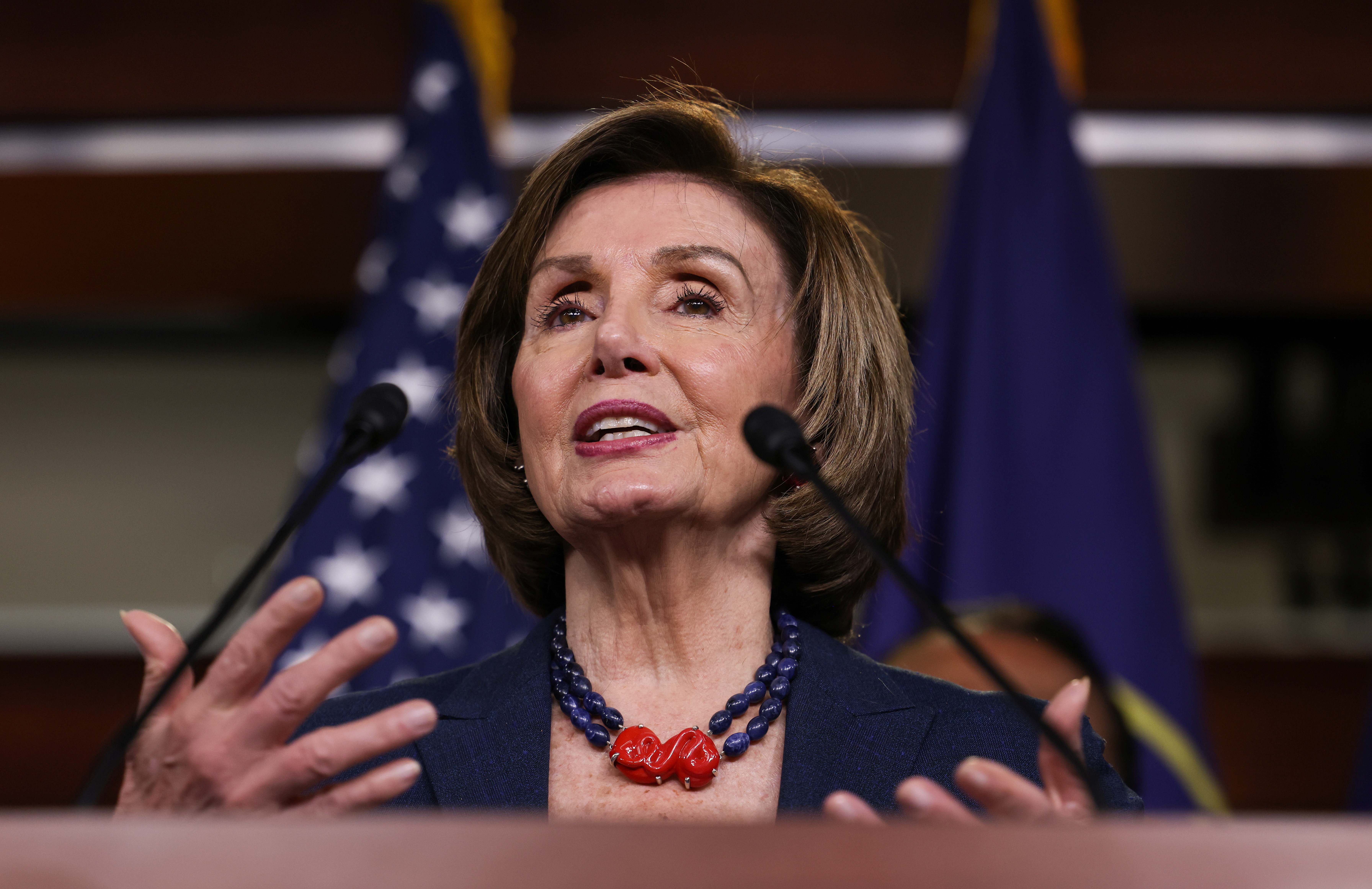 Speaker of the House Nancy Pelosi speaks at a news conference in Washington, U.S., about the COVID-19 Hate Crimes Act