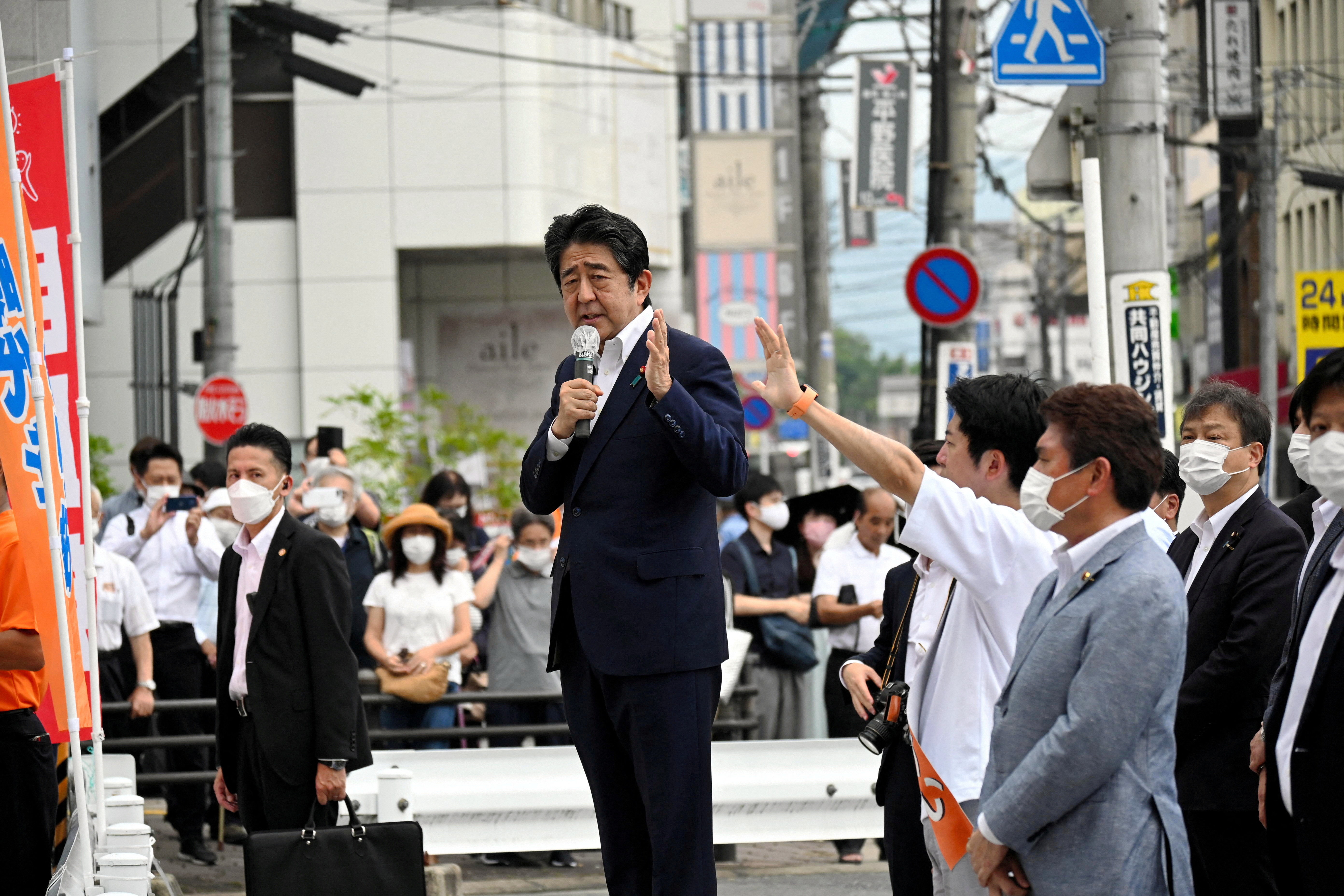 Former Japanese Prime Minister Shinzo Abe makes a speech before he was shot from behind by a man in Nara