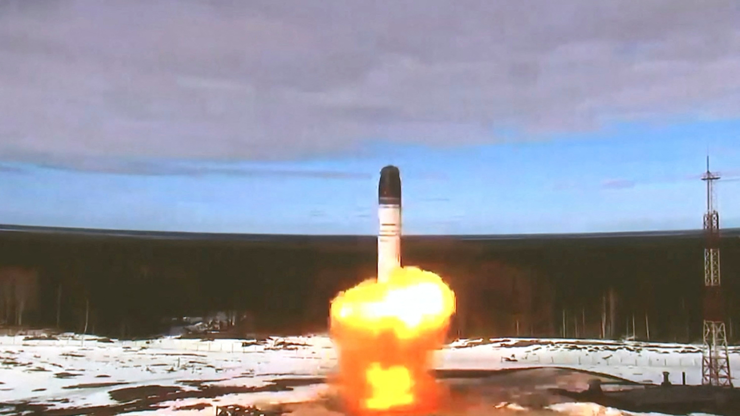 The Sarmat intercontinental ballistic missile is launched during a test at Plesetsk cosmodrome