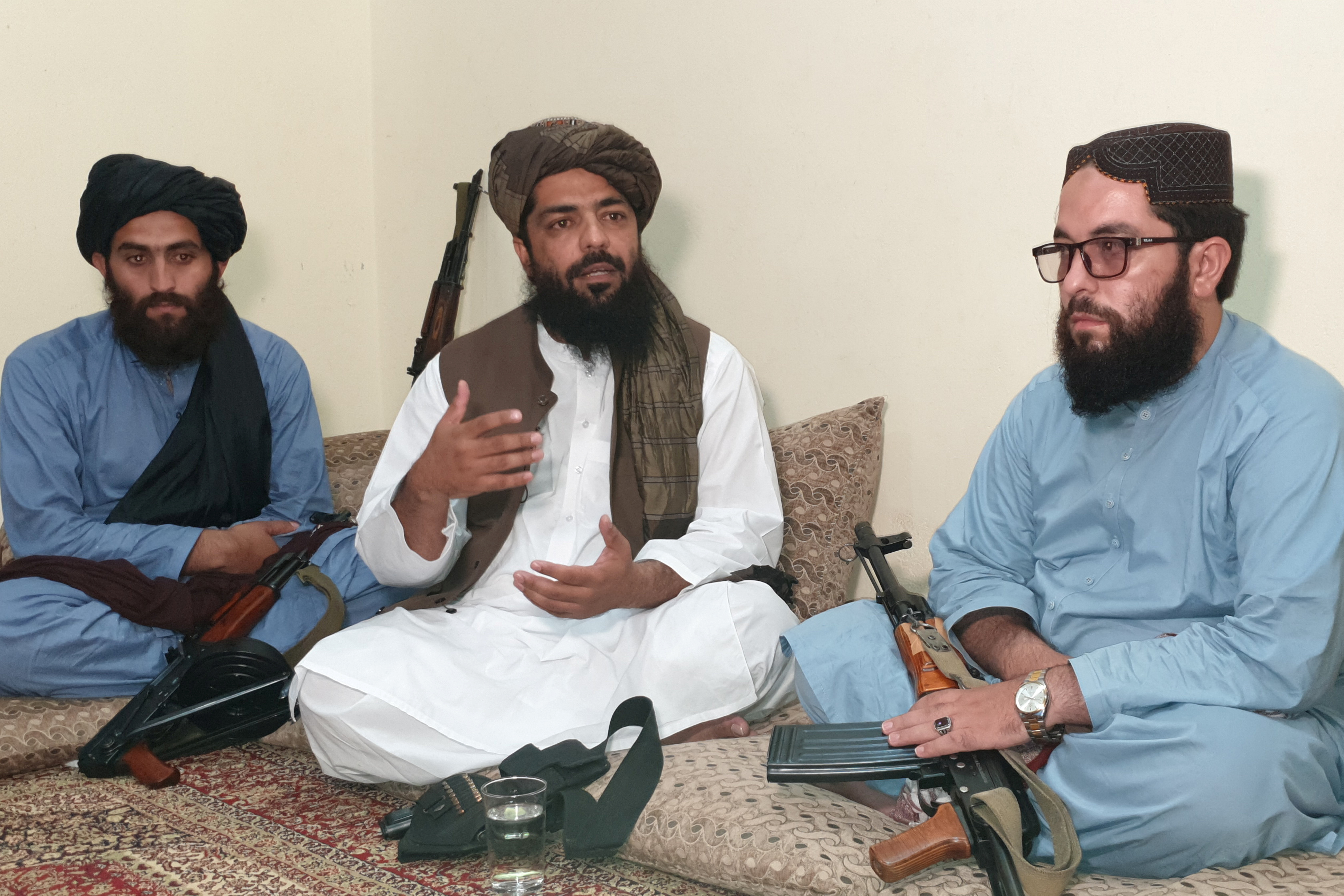 Waheedullah Hashimi, a senior Taliban commander, speaks with Reuters during an interview at an undisclosed location near Afghanistan-Pakistan border