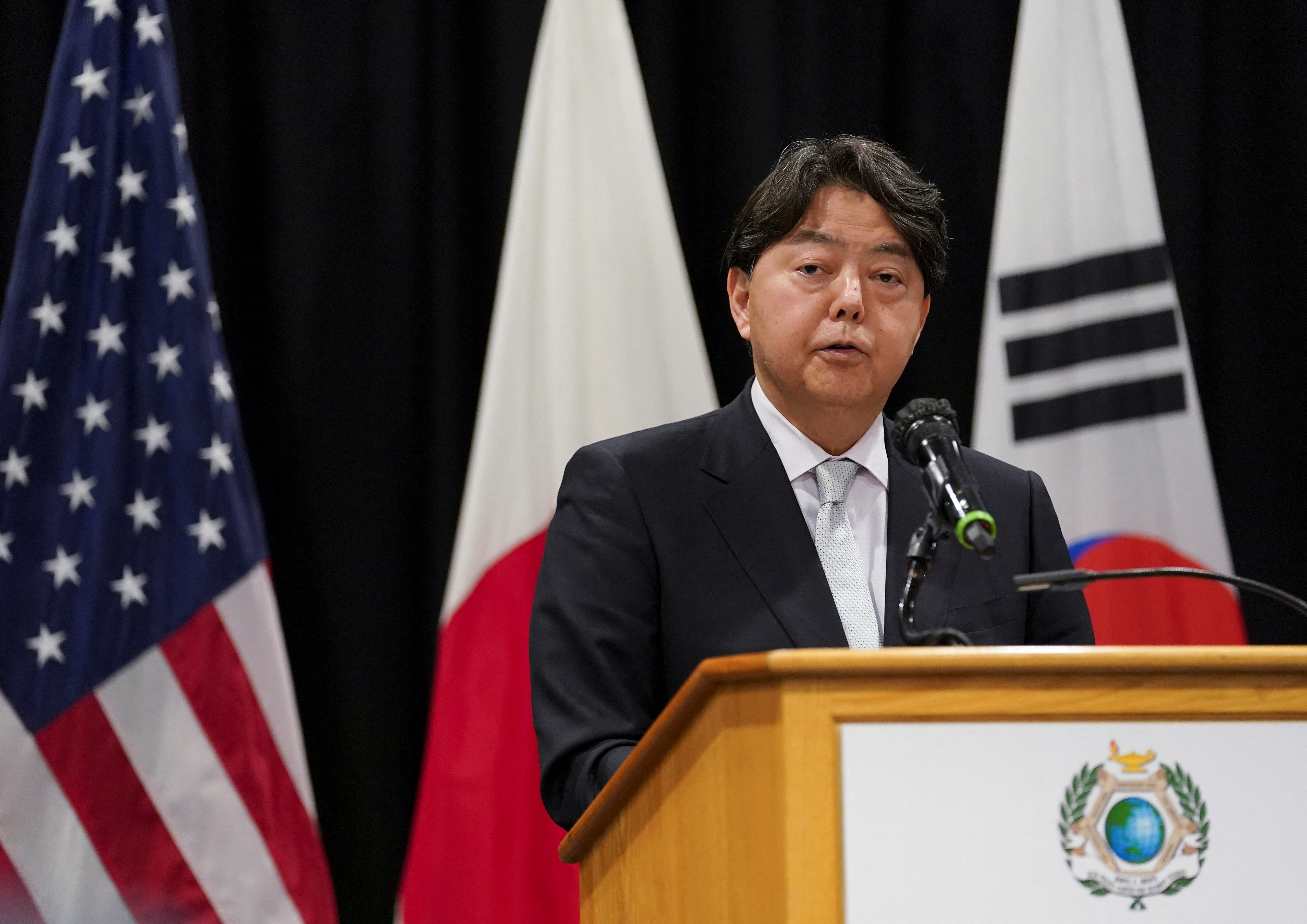 U.S. Secretary of State Antony Blinken, South Korean Foreign Minister Chung Eui-yong and Japanese Foreign Minister Yoshimasa Hayashi hold a joint press availability