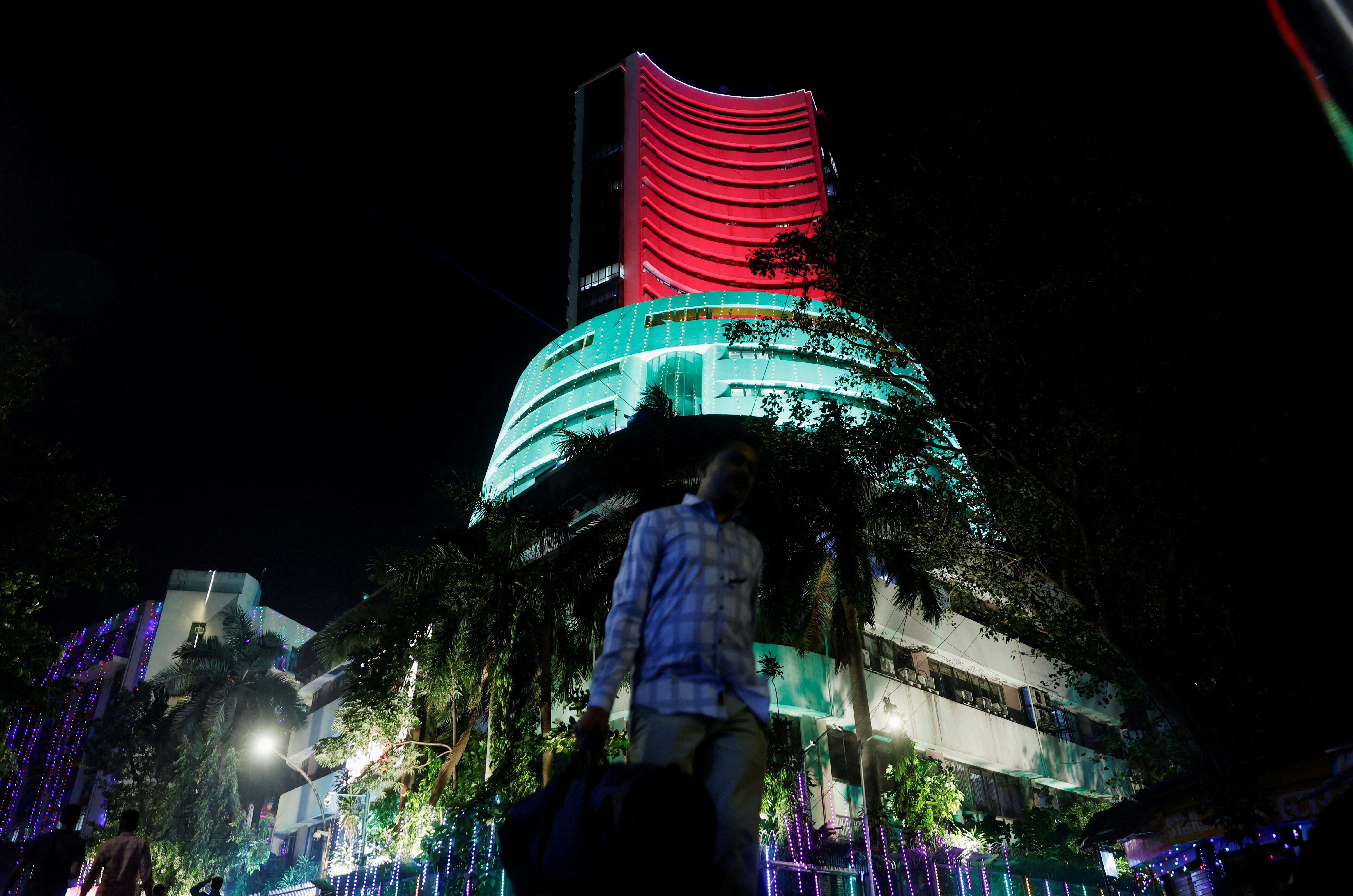 The Bombay Stock Exchange (BSE) building is seen lit up for Diwali, the Hindu festival of lights, in Mumbai