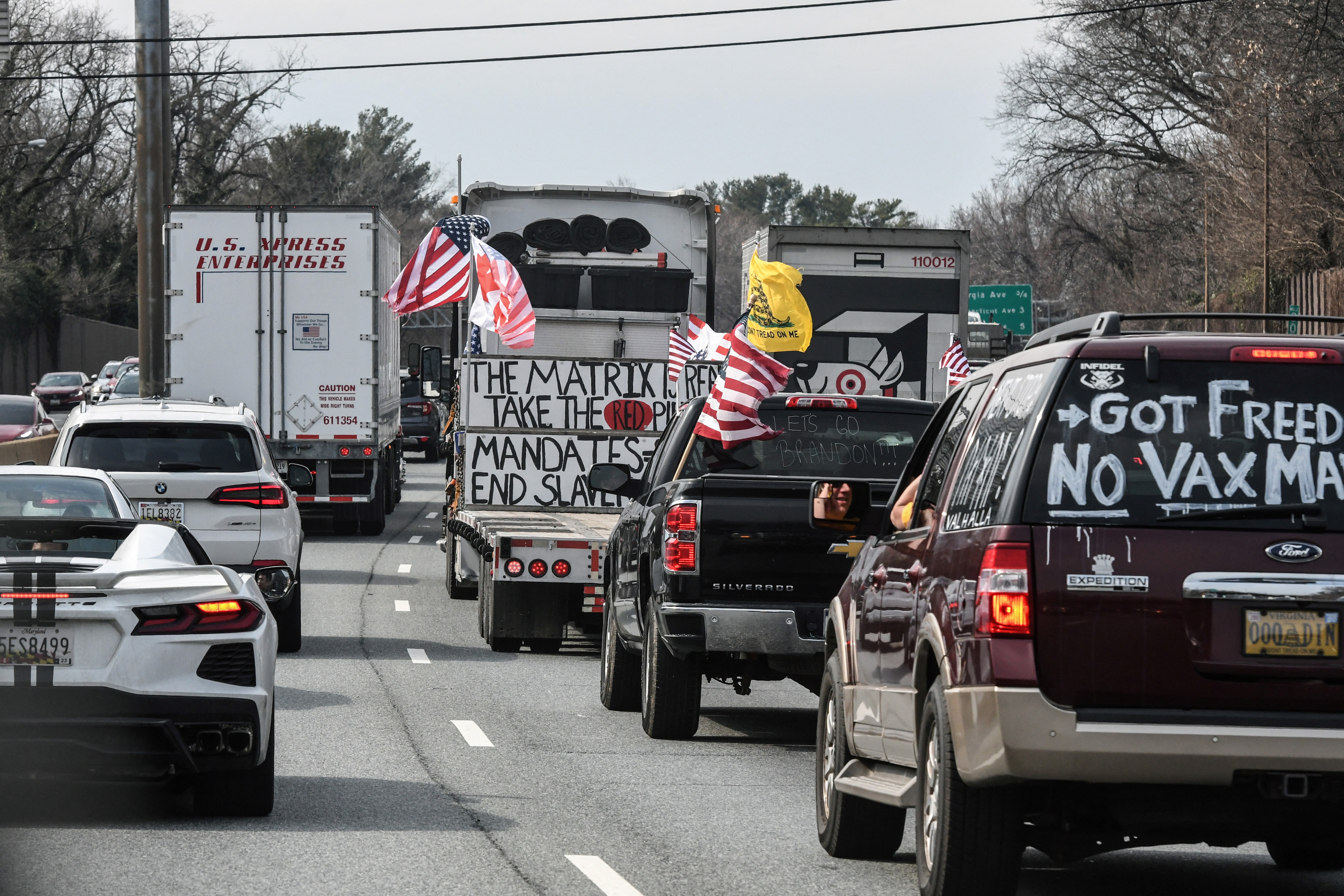 Truckers and their supporters drive towards Washington, in Hagerstown, Maryland
